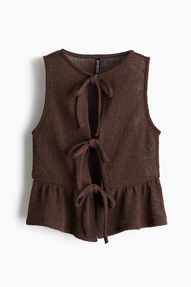 Tie-Front Peplum Top - Brown/Cream - 1