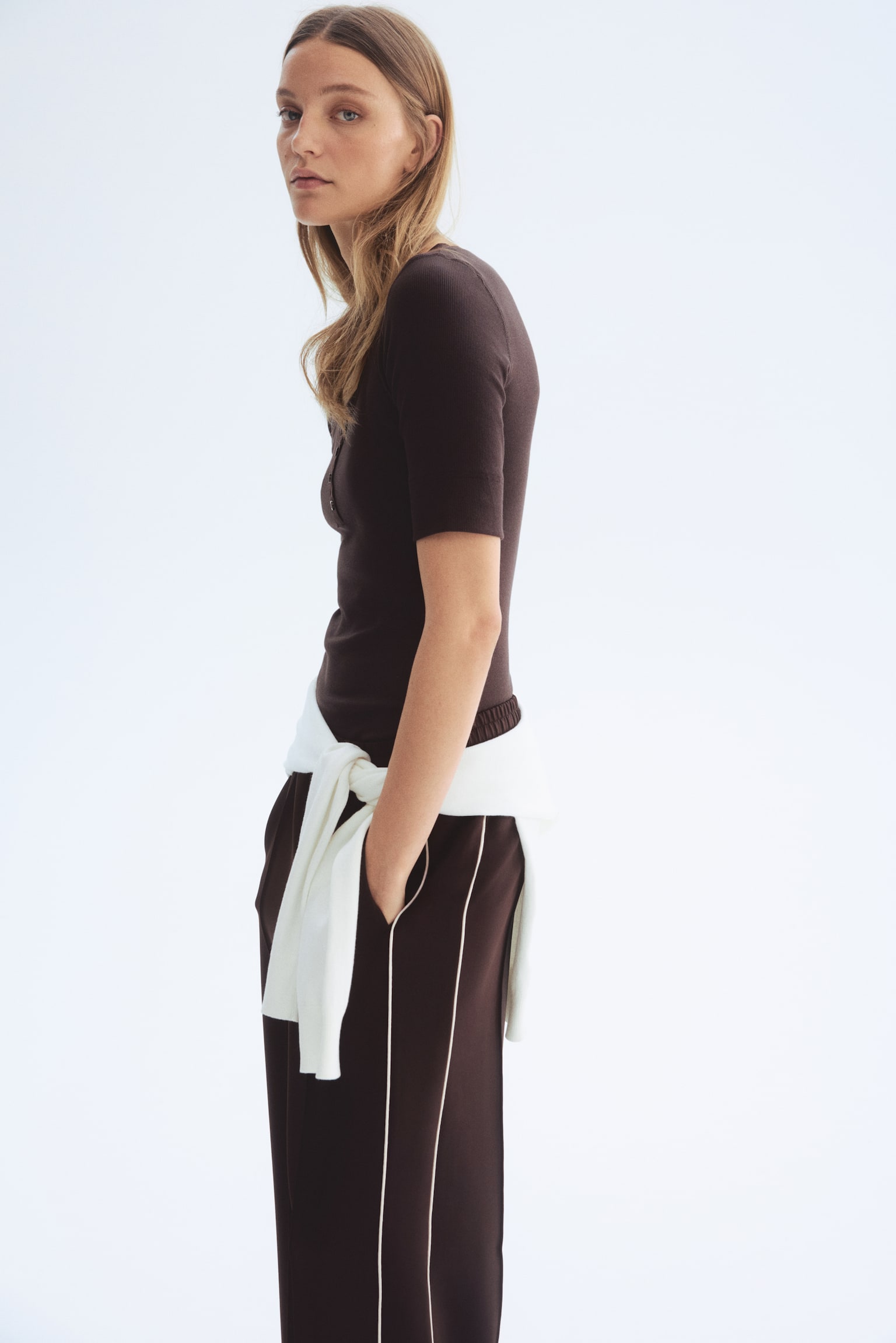 Ribbed cotton top - Dark brown/White/Black/Dark khaki green - 1