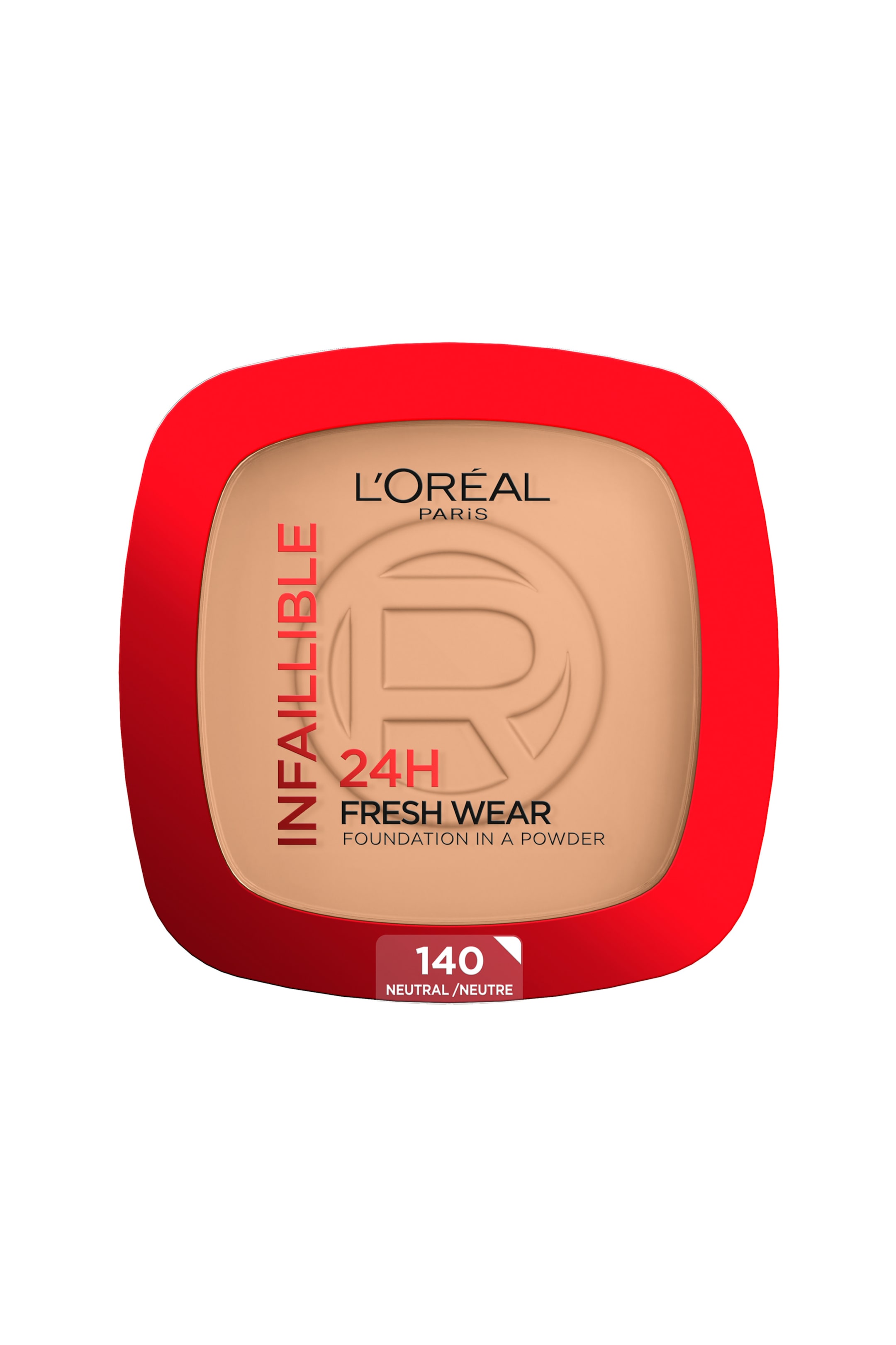 Visualizza immagine più grande: Un fondotinta L'Oréal Infallible Fresh Wear in polvere è in mostra nel suo astuccio compatto rosso, arrotondato e rettangolare, rivolto direttamente in avanti. La polvere beige all'interno presenta un logo 'R' in rilievo, con il marchio 'L'ORÉAL PARIS' e 'INFAILLIBLE' visibile, insieme alla dicitura '24H FRESH WEAR FOUNDATION IN A POWDER' e la tonalità '140 NEUTRAL / NEUTRE' su un'etichetta rossa nella parte inferiore.
