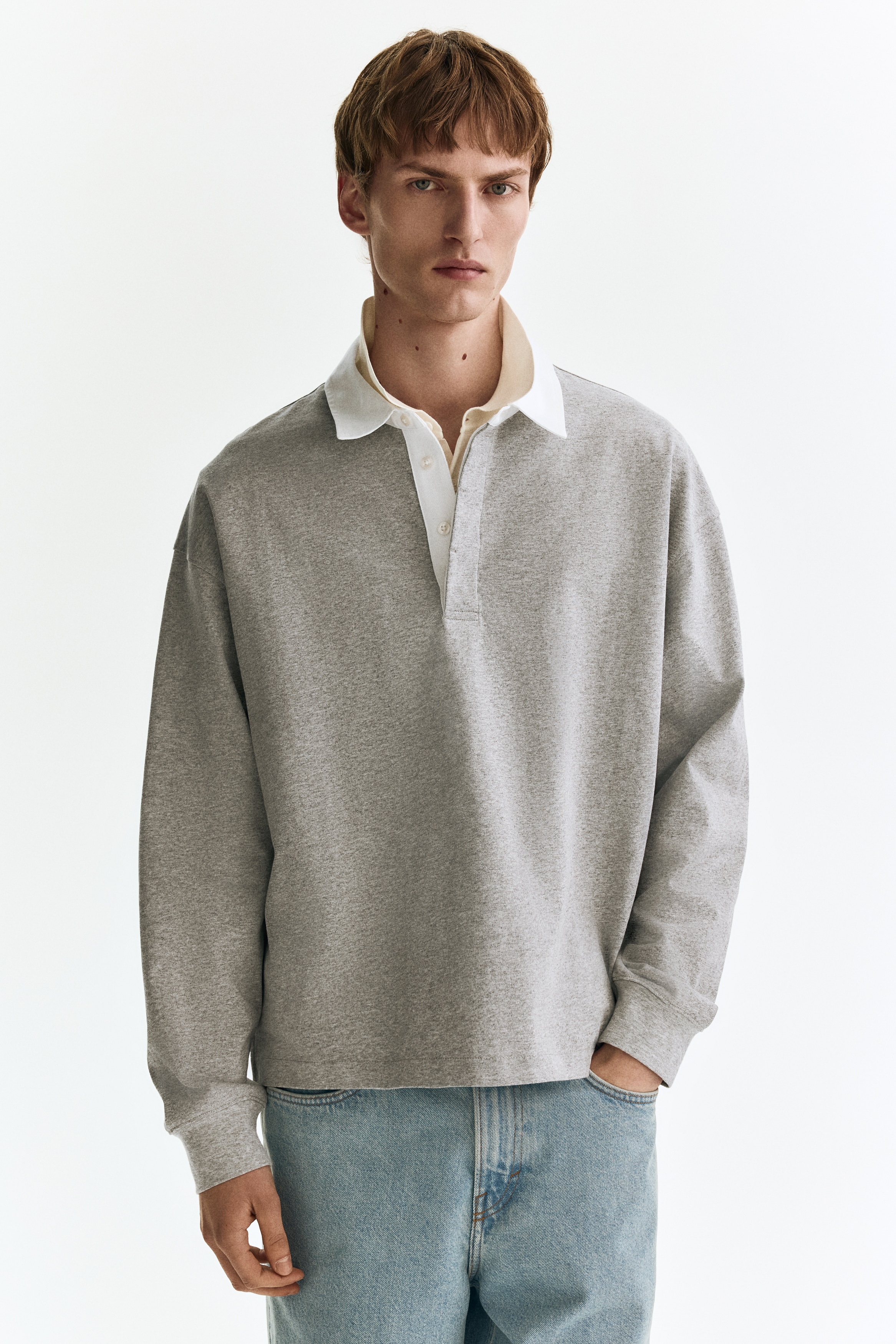 Loose-Fit Cotton Polo Shirt - Gray melange/color block/Light blue/color block