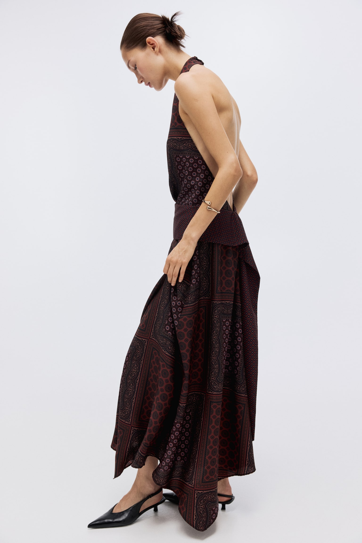 Long halterneck dress - Burgundy/Patterned - 1