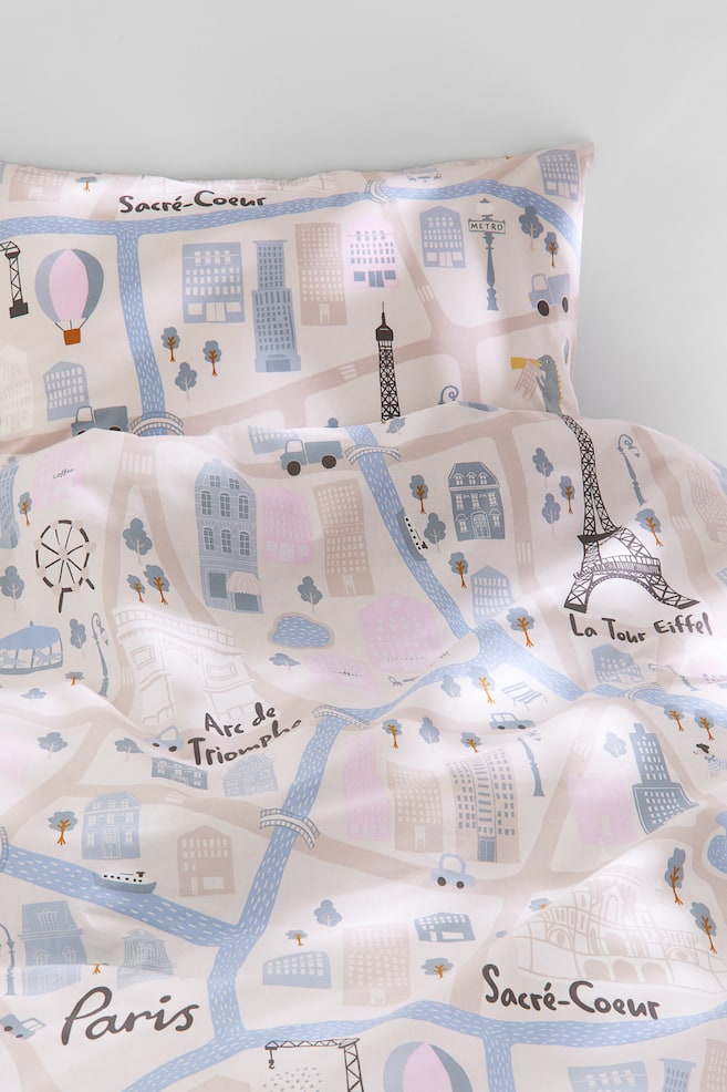 Patterned single duvet cover set - White/Map of Paris/Light pink/Strawberries/Light beige/Dinosaurs/White/Vehicles - 1