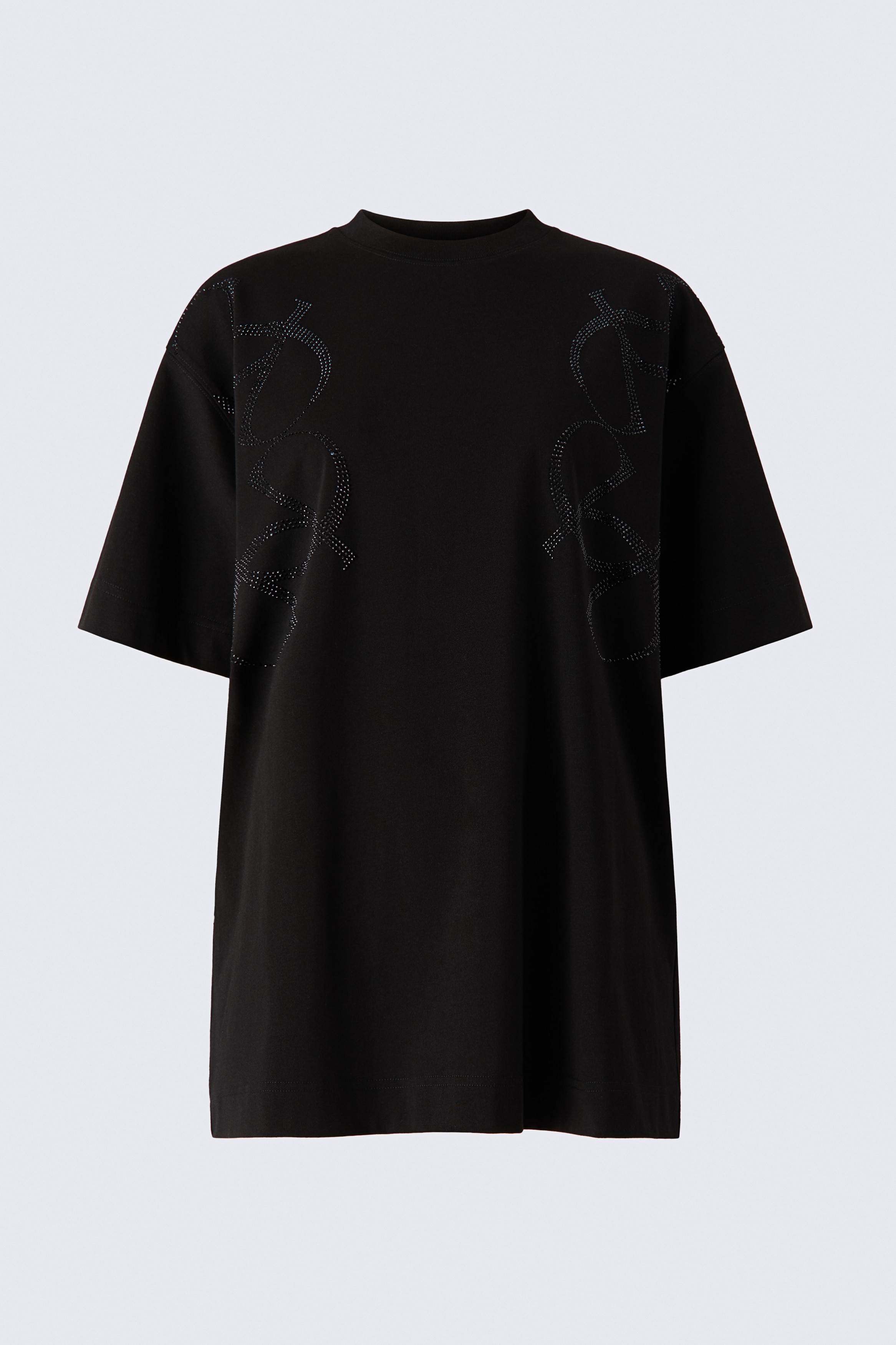 The black Rhinestone Detail Tee features intricate, swirling rhinestone embellishments across the chest and shoulder area. The T-shirt is shown angled to the right, showcasing its relaxed fit and short sleeves layered over a black lace long-sleeve glove.