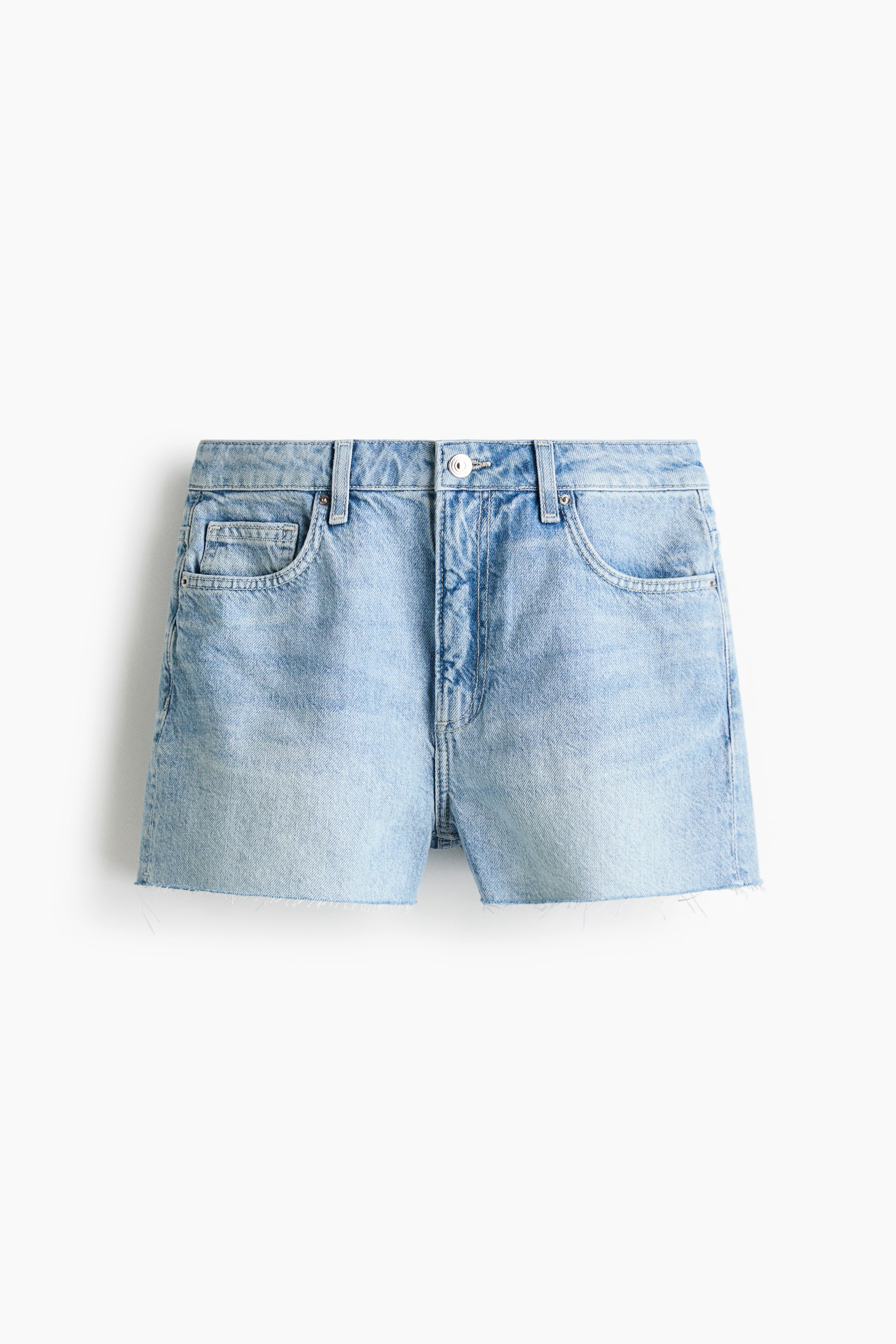 View larger image: Light blue denim shorts are shown from the FRONT, highlighting a faded wash and a single button closure with a zip fly. They feature two front scoop pockets, a small coin pocket, and raw, unfinished hems.