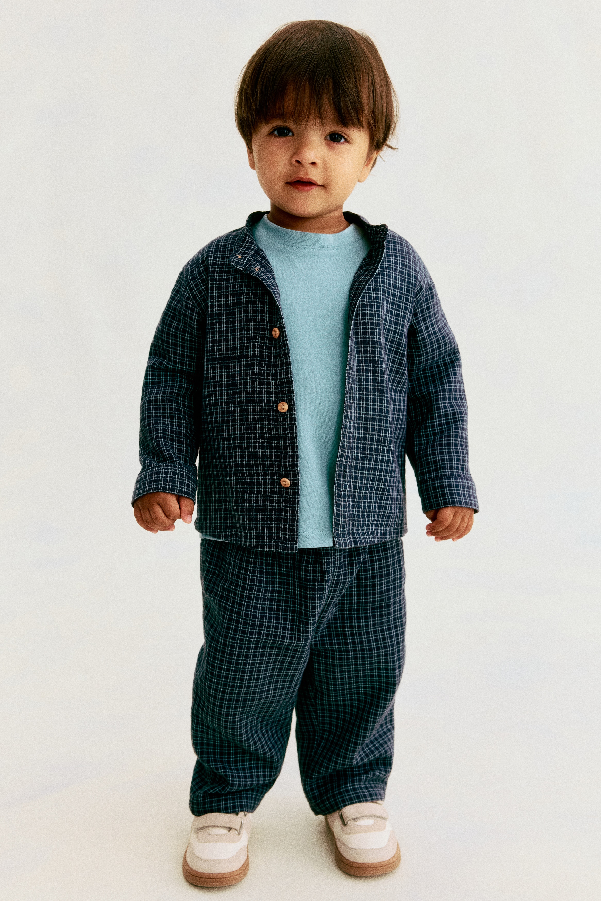 2-piece cotton set - Navy blue/Checked/Light beige/Checked