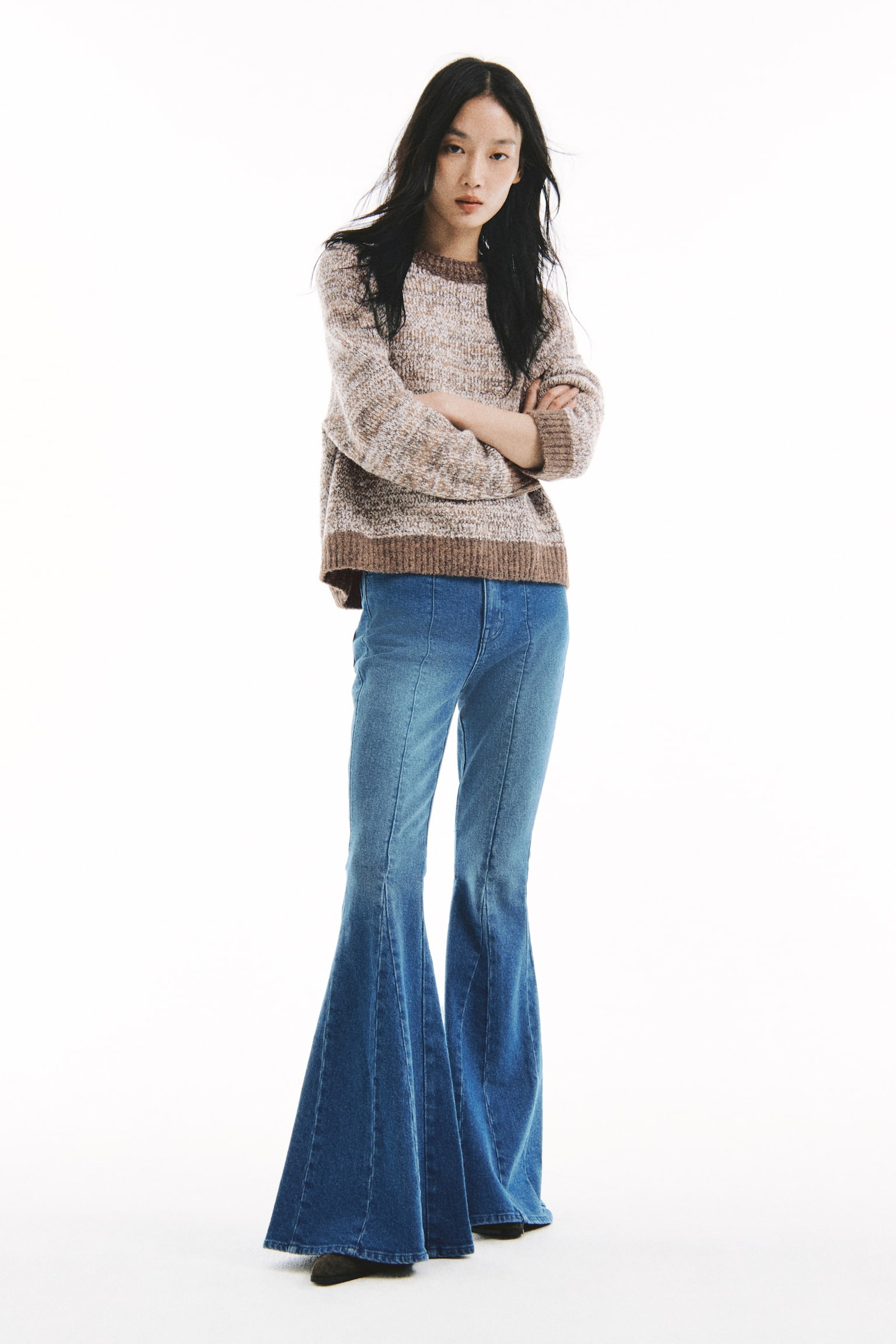 부클레 니트 스웨터 - 브라운/화이트 - 1