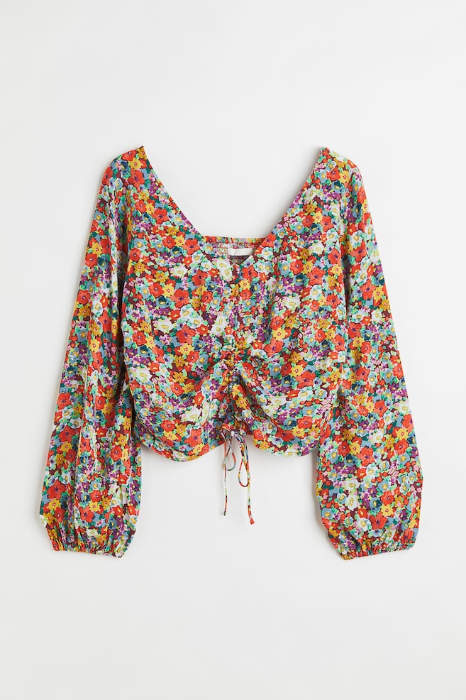 H&M+ Krepowana bluzka ze ściąganym sznurkiem - Czerwony/Kwiaty - 1