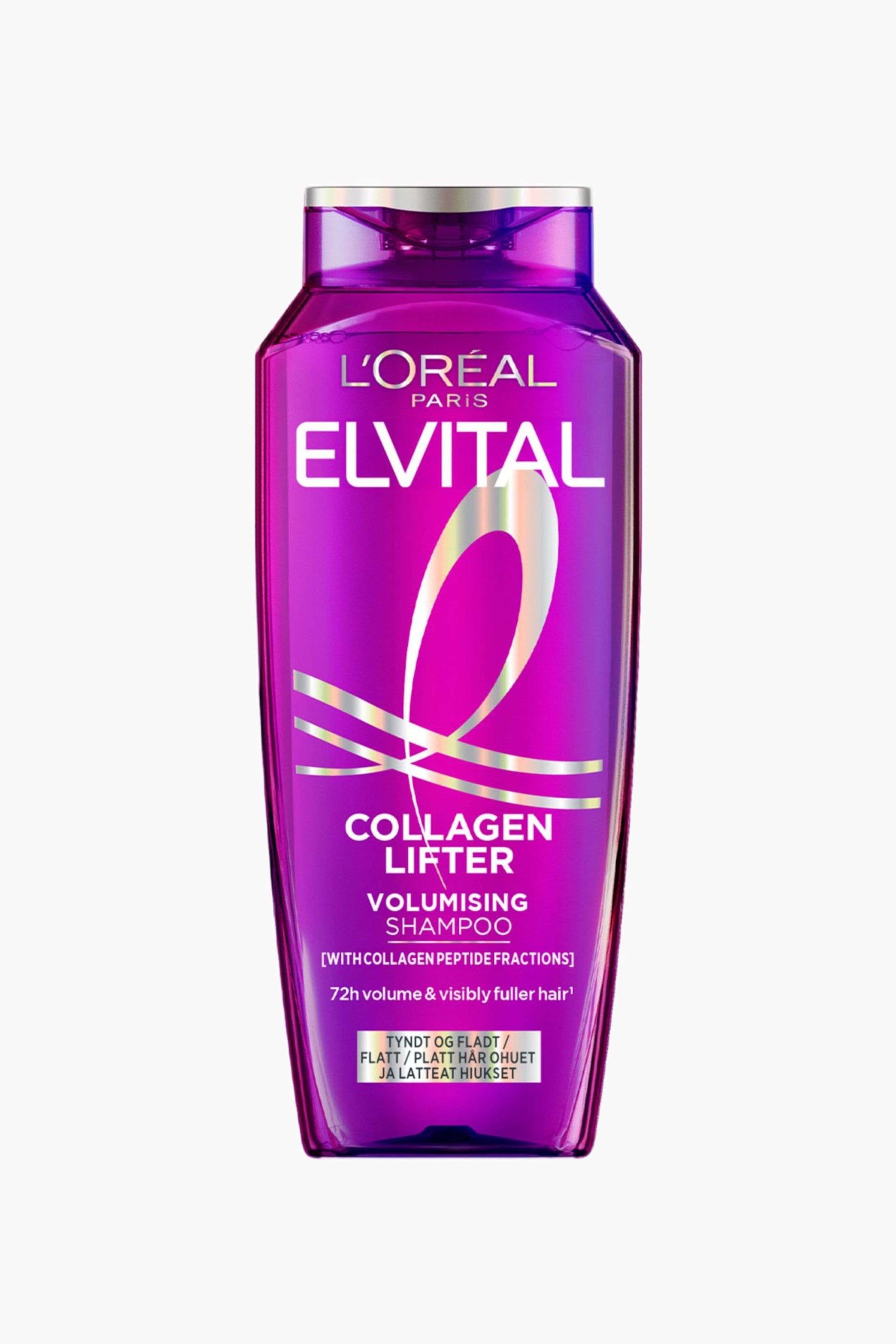 Visa större bild: En flaska L'Oréal Elvital Collagen Lifter Volymgivande Schampo visas framifrån, med en genomskinlig lila kropp och ett silverfärgat flip-top lock. På flaskan står "L'Oréal Paris Elvital" i vit text, med en stor, iriserande silverögla som sveper över mitten. Under grafiken syns "Collagen Lifter Volymgivande Schampo", tillsammans med mindre text som anger "72h volym & synbart fylligare hår".