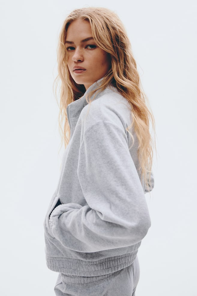 Velour Jacket with Zipper-Light gray melange - 5