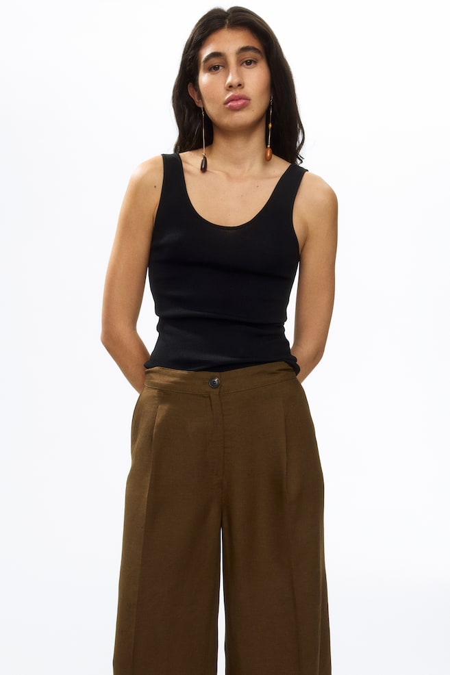 Ankle-Length Linen-Blend Pants-Brown - 3