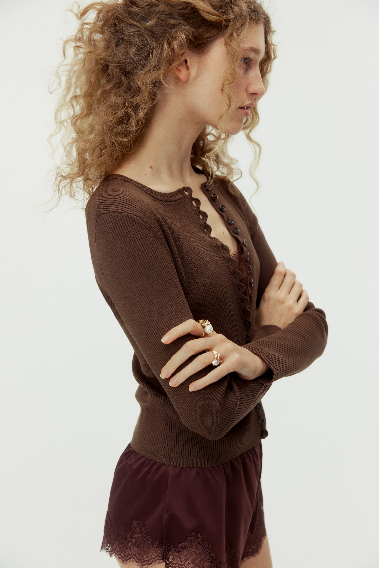 リブカーディガン - ブラウン/ブラック/ダークグレーメランジ/クリーム - 3