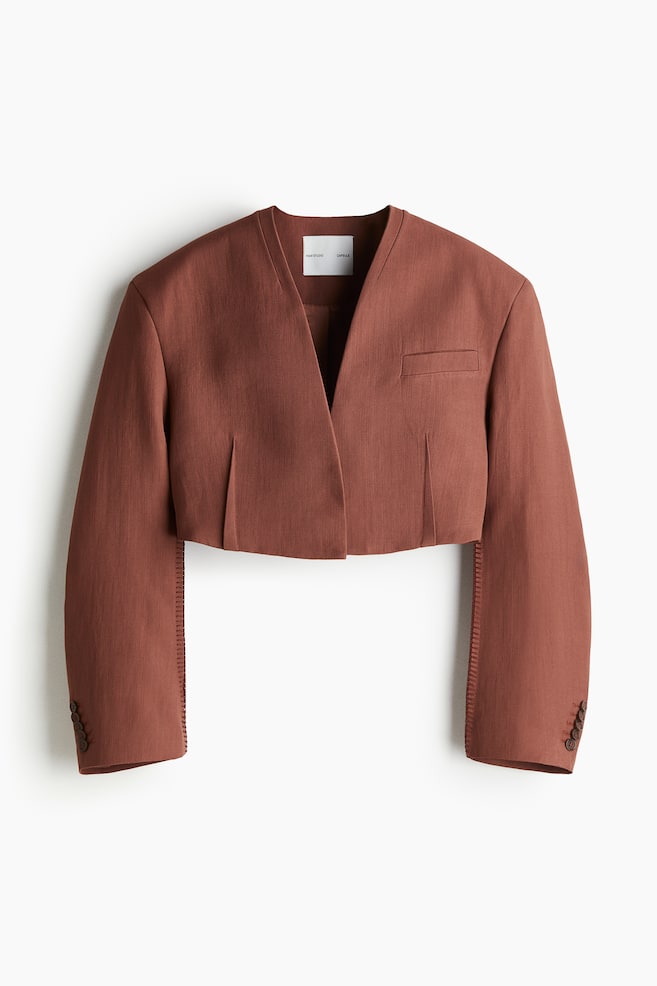 Cropped linen-blend blazer - Brown - 1