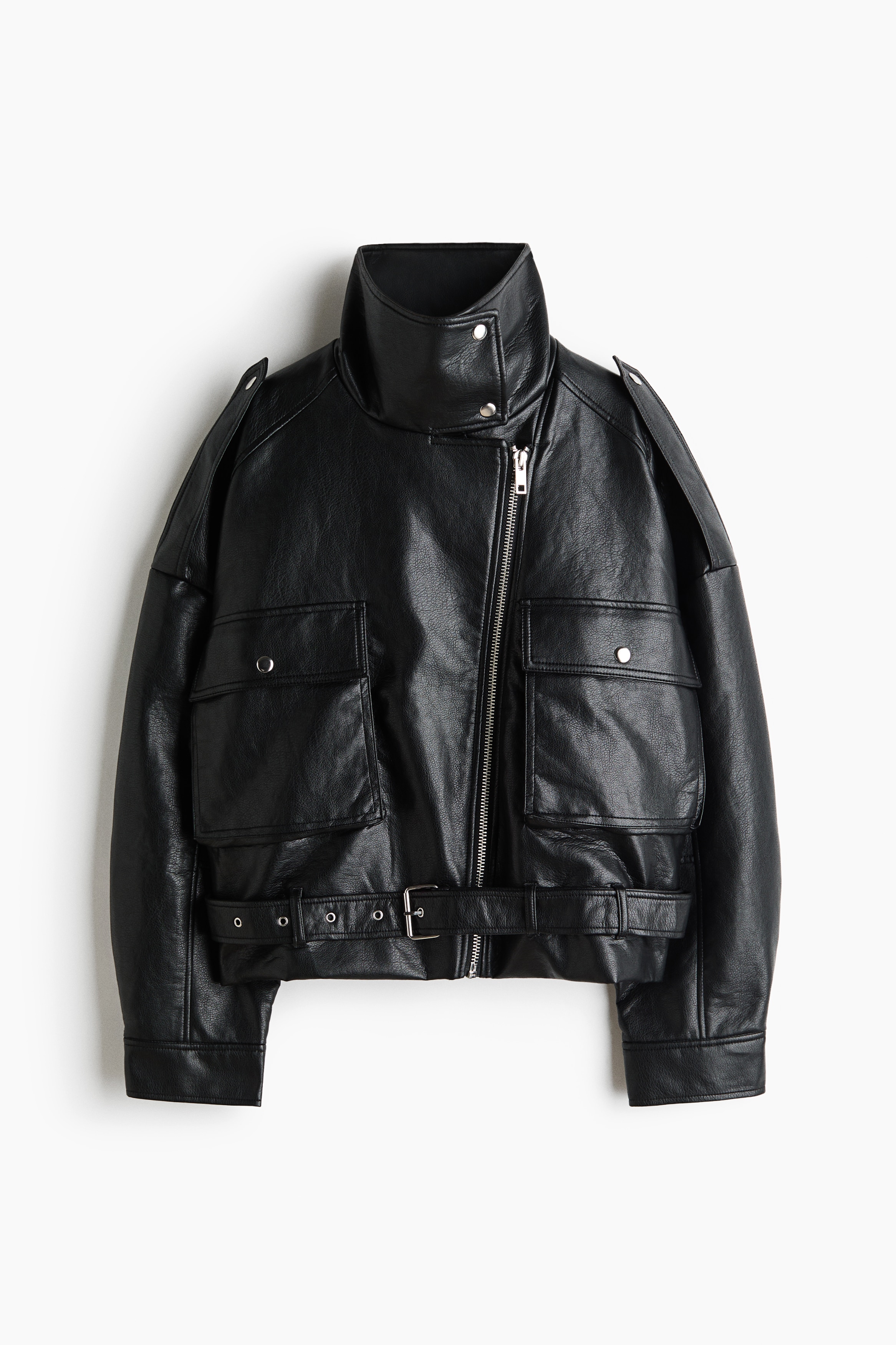Belt-detail biker jacket - Black
