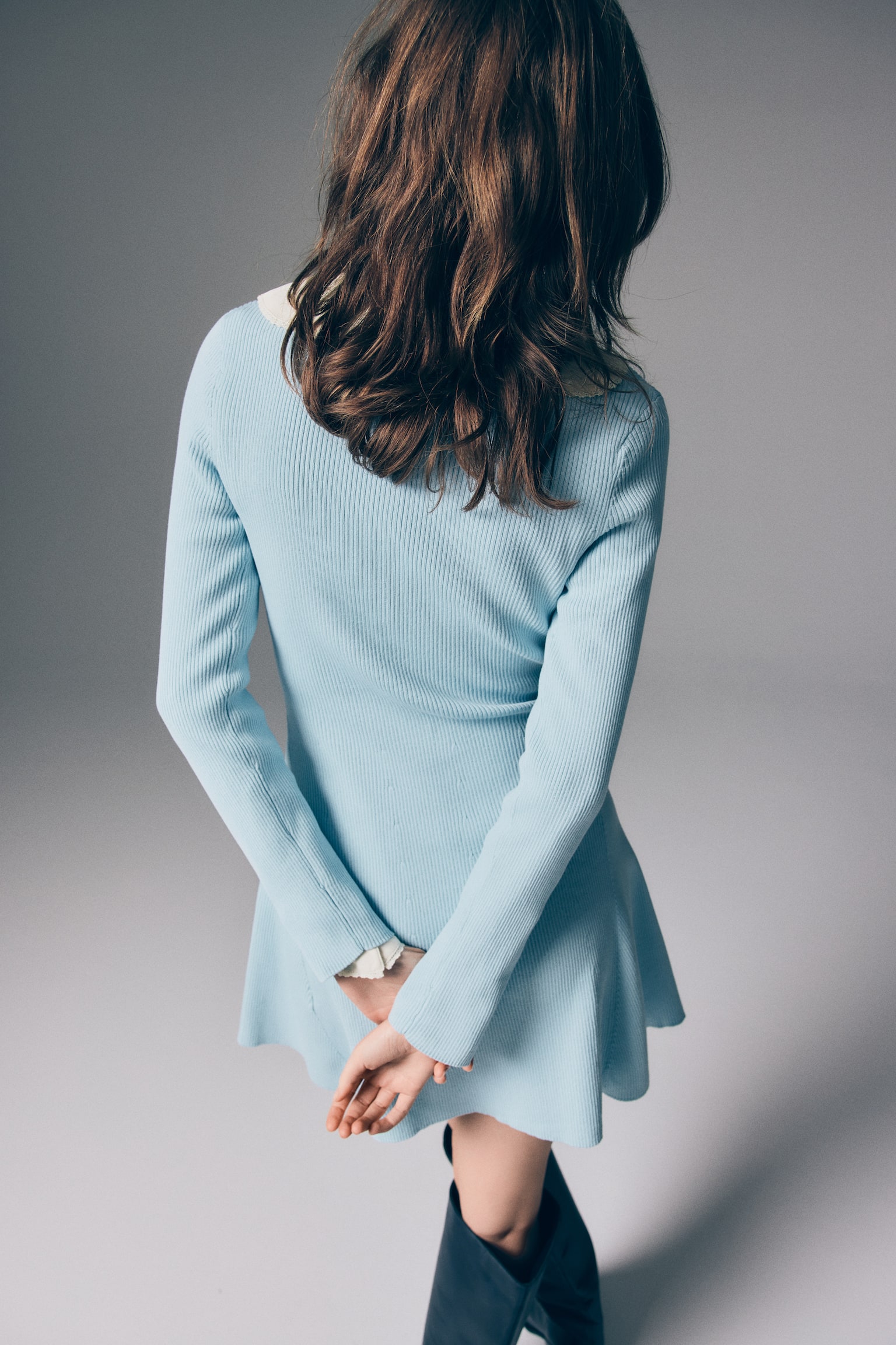 Rib-knit flared-skirt dress - Light blue/Dark olive green/Dark grey/Burgundy - 4