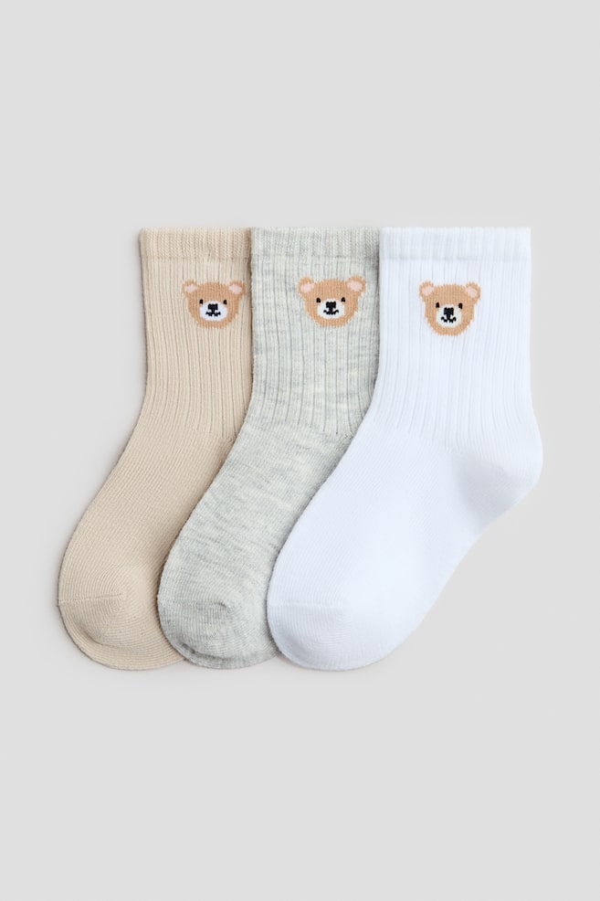 3er-Pack Socken - Beige/Teddybär/Hellgrau/Hellbeige/Rosa/Äpfel/Weiss/Gestreift/Weiss/Gestreift/Beige/Hund/Weiss/Weiss/Blau gestreift/Beige/Tiere/Hellgrau/Bären/Weiss/Dunkelgrau - 1