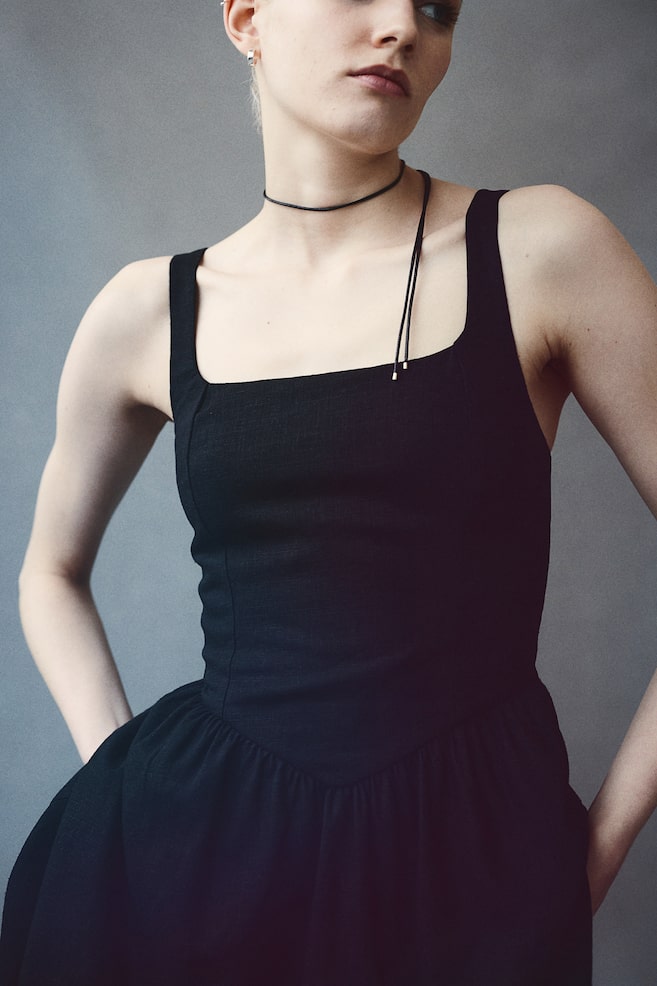 Linen-blend flared-skirt dress - Black/Cream/Floral - 4