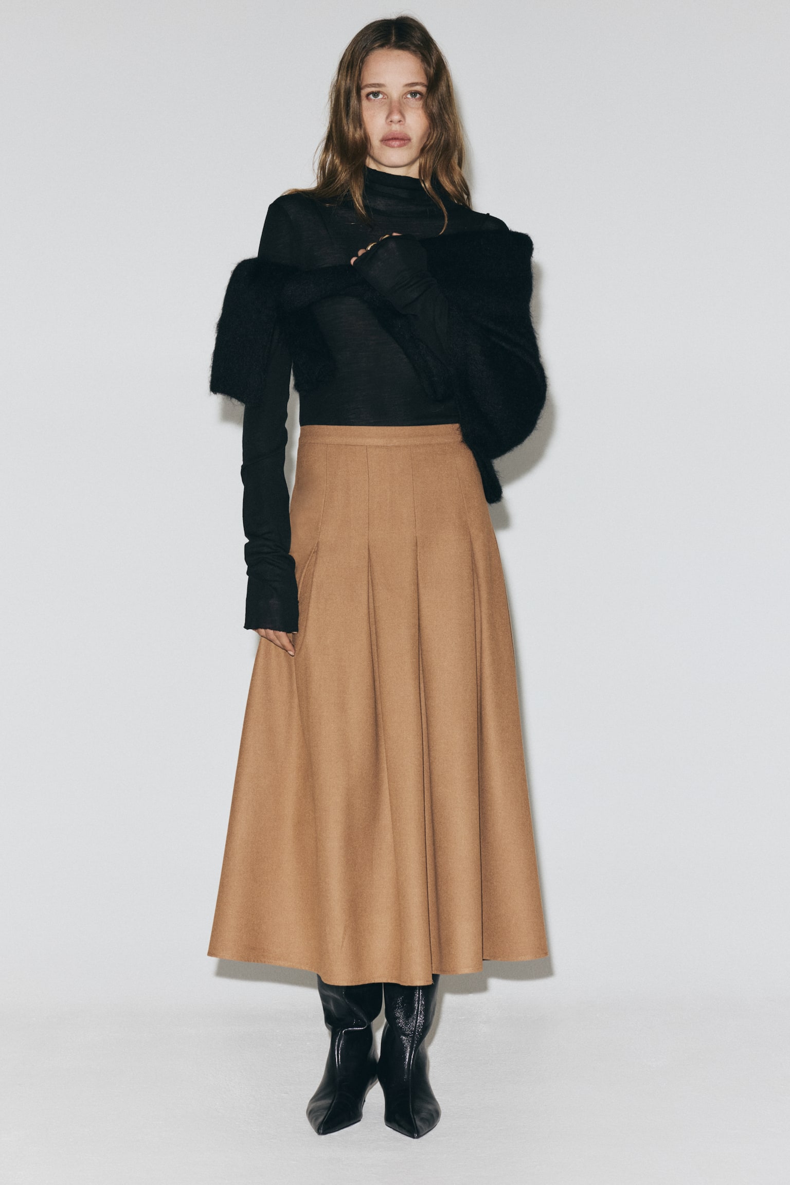 Pleated midi skirt - Dark beige/Black/Dark grey marl - 1