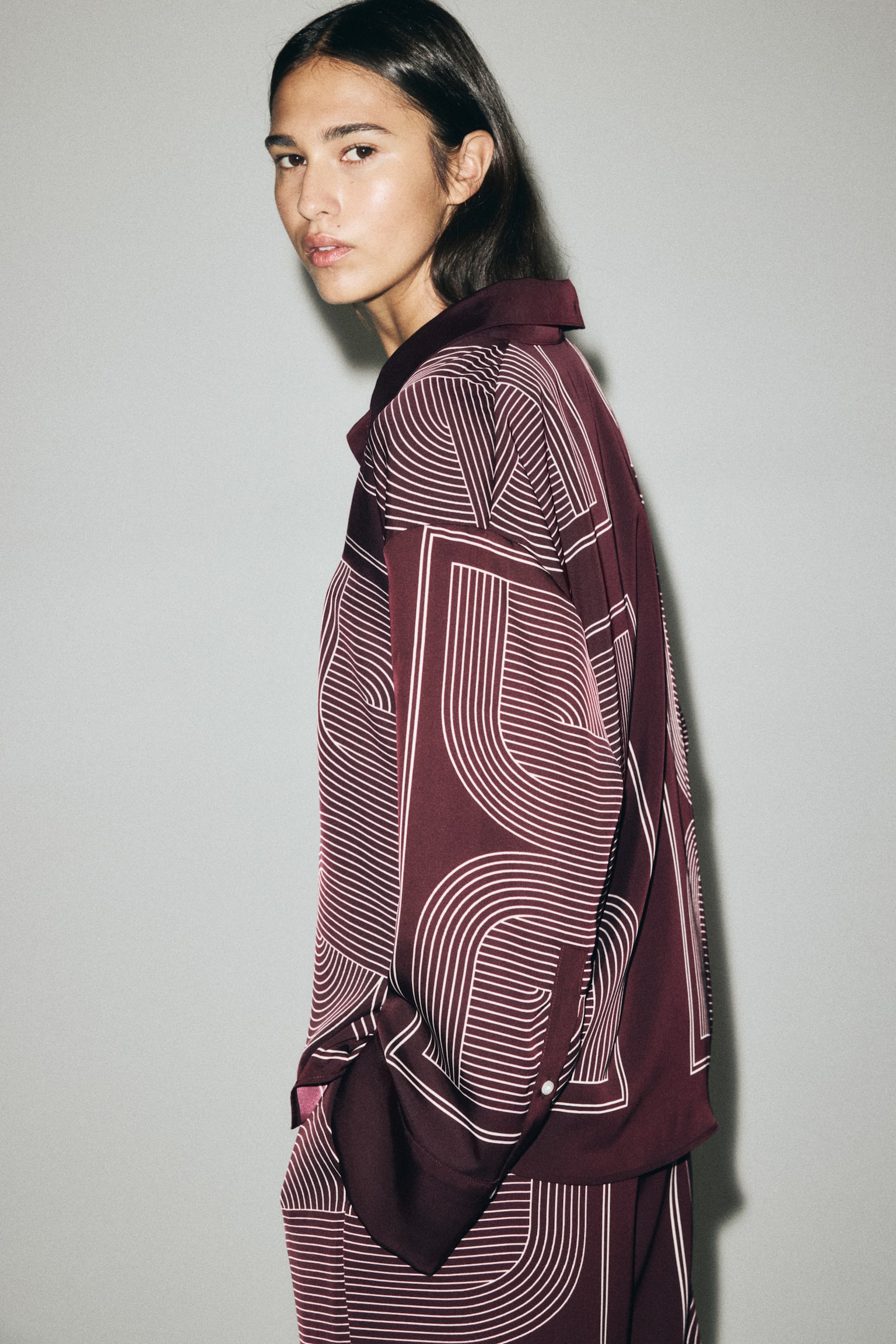 Oversized twill shirt - Burgundy/Patterned - 1
