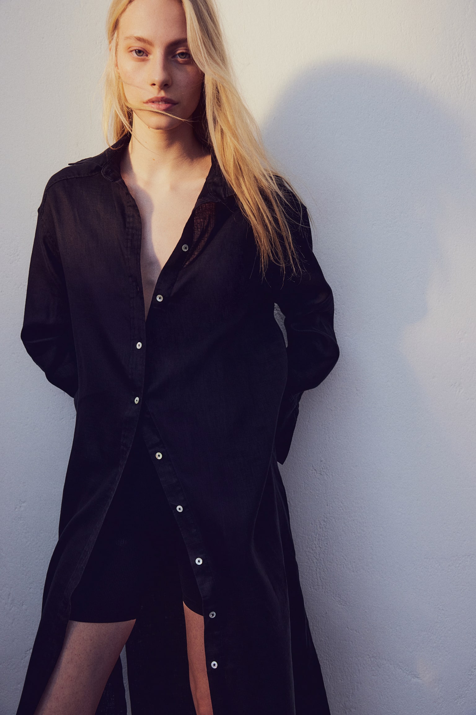 Linen shirt dress - Black/Black/Patterned/Blue - 1