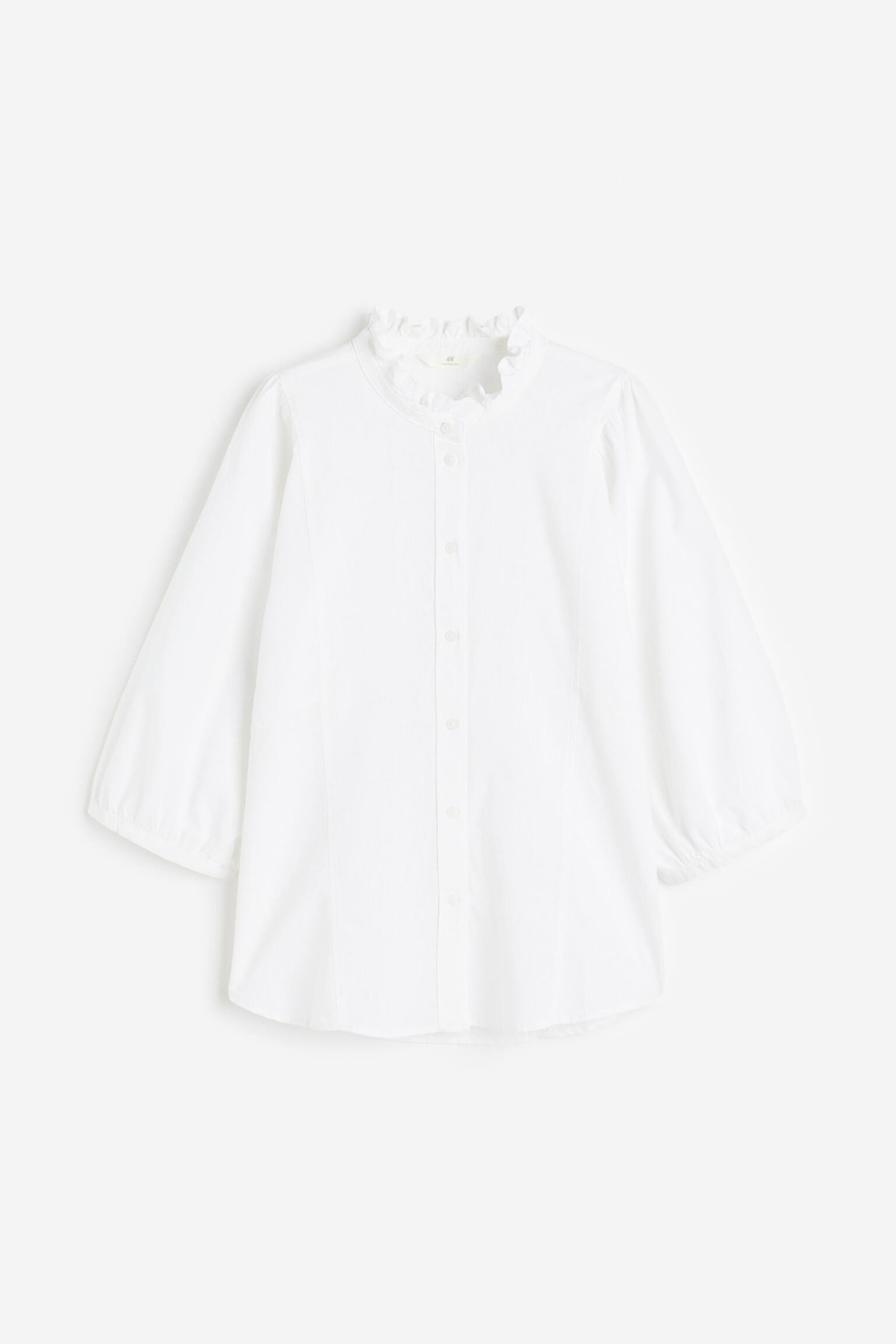 Áo kiểu viền diềm nhún bằng linen pha - Màu trắng - 1