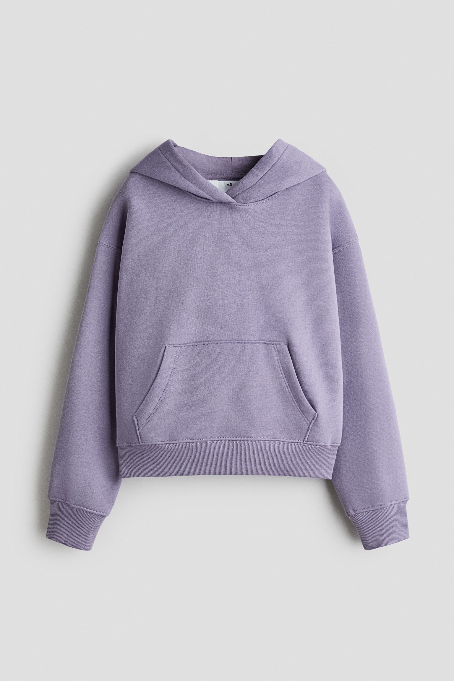 Ein lavendelfarben-violetter Hoodie in lockerer Passform ist von vorne zu sehen und prÃ¤sentiert eine gefÃ¼tterte Kapuze mit Wickel-Front-Detail, Ã¼berschnittene Schultern und eine KÃ¤ngurutasche. Das KleidungsstÃ¼ck verfÃ¼gt Ã¼ber breite, gerippte BÃ¼ndchen an den Ãrmeln und am Saum.