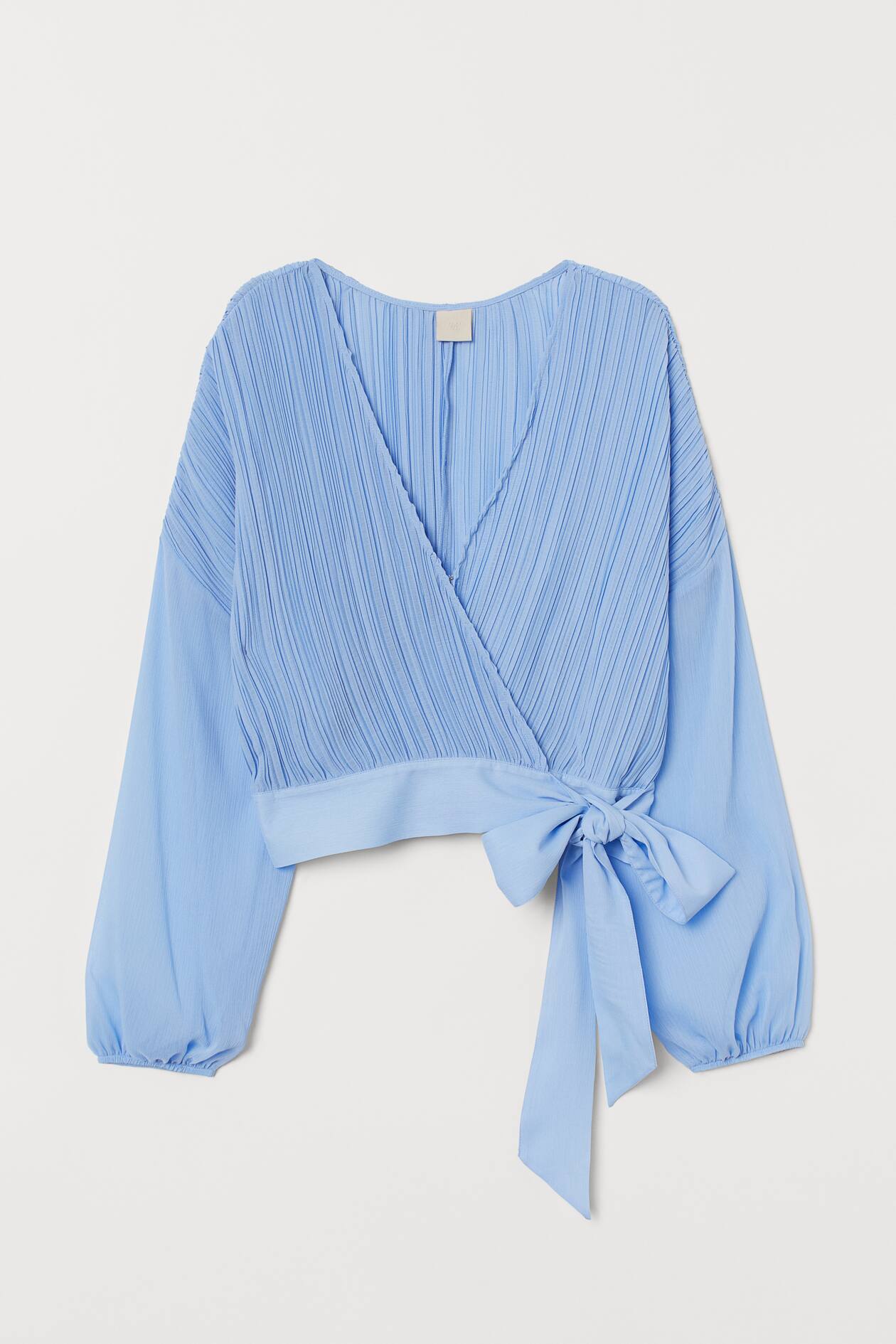 Pleated Blouse - V-neck - Long sleeve - Light blue - Ladies | H&M US