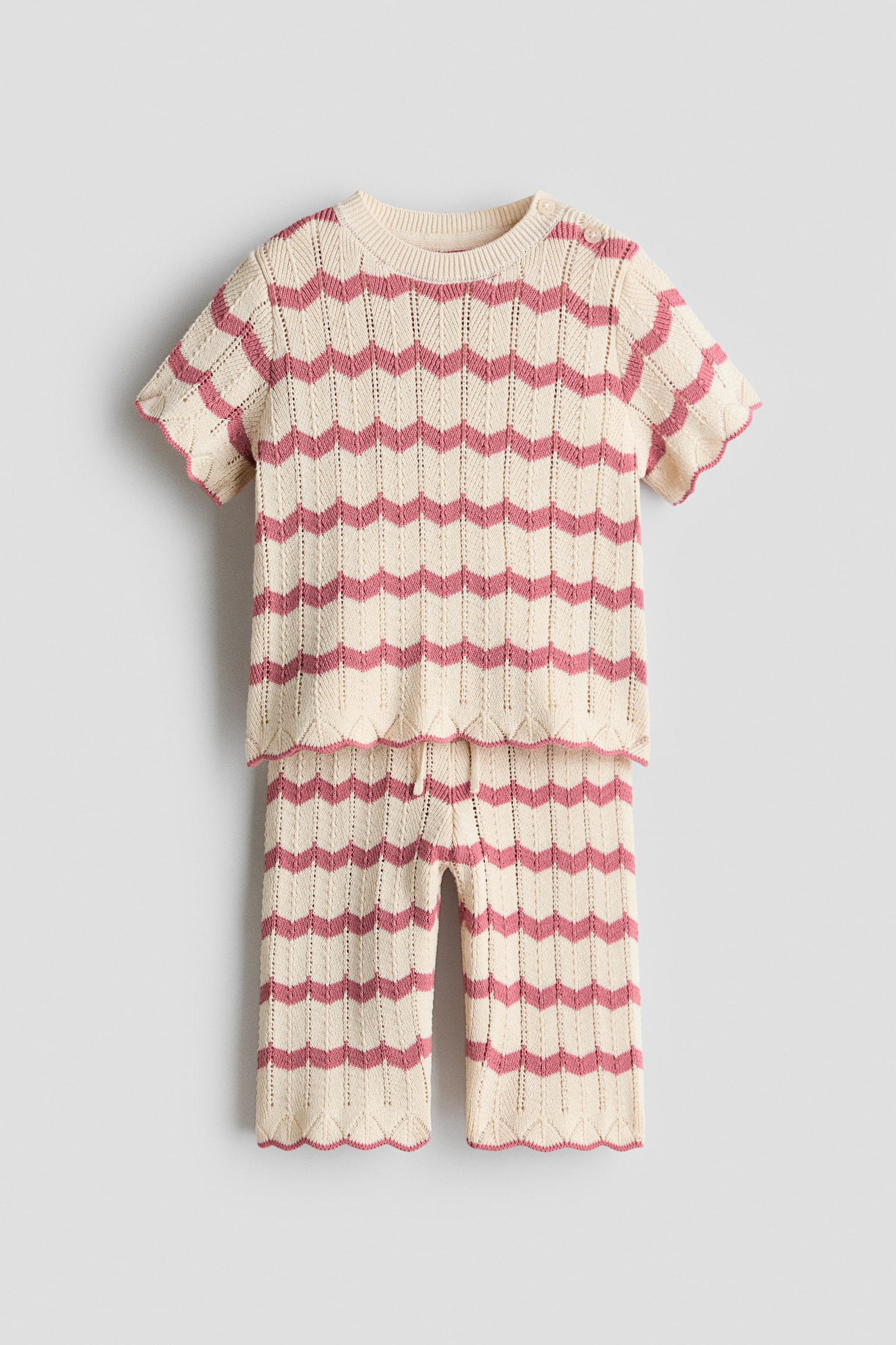 2-piece pointelle-knit cotton set - Light beige/Pink striped/Light beige/Striped/Light brown - 1