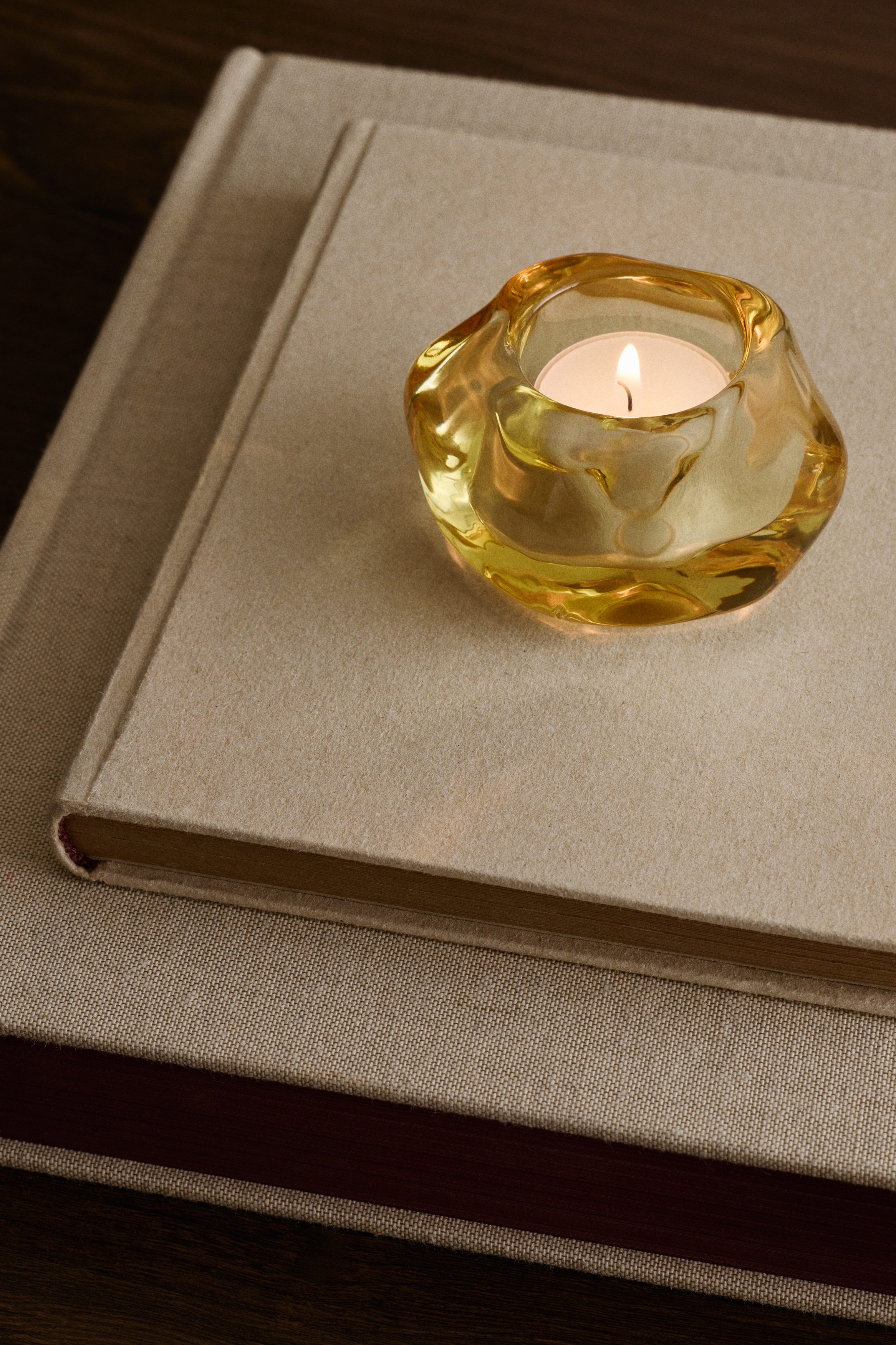 Glass Tea Light Holder - Yellow/Amber-colored/Transparent