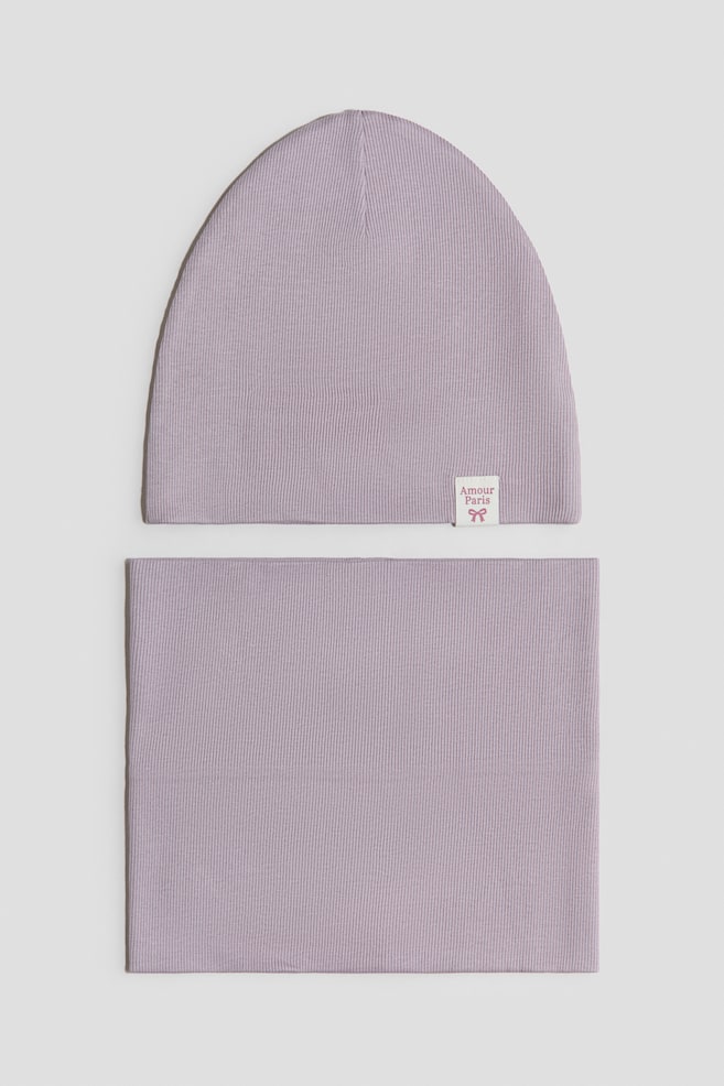 2-Piece Beanie and Tube Scarf Set - Dusty purple/Pink/hearts - 1