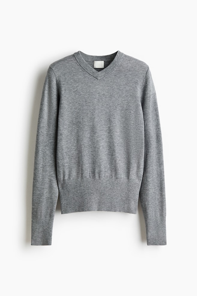 V-Neck Sweater - Gray melange/Dark beige - 1