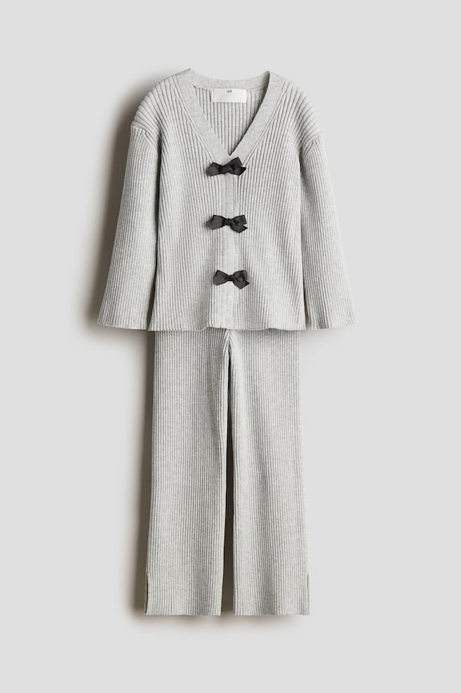 Ensemble 2 pièces en tricot côtelé - Gris clair/nœuds - 1