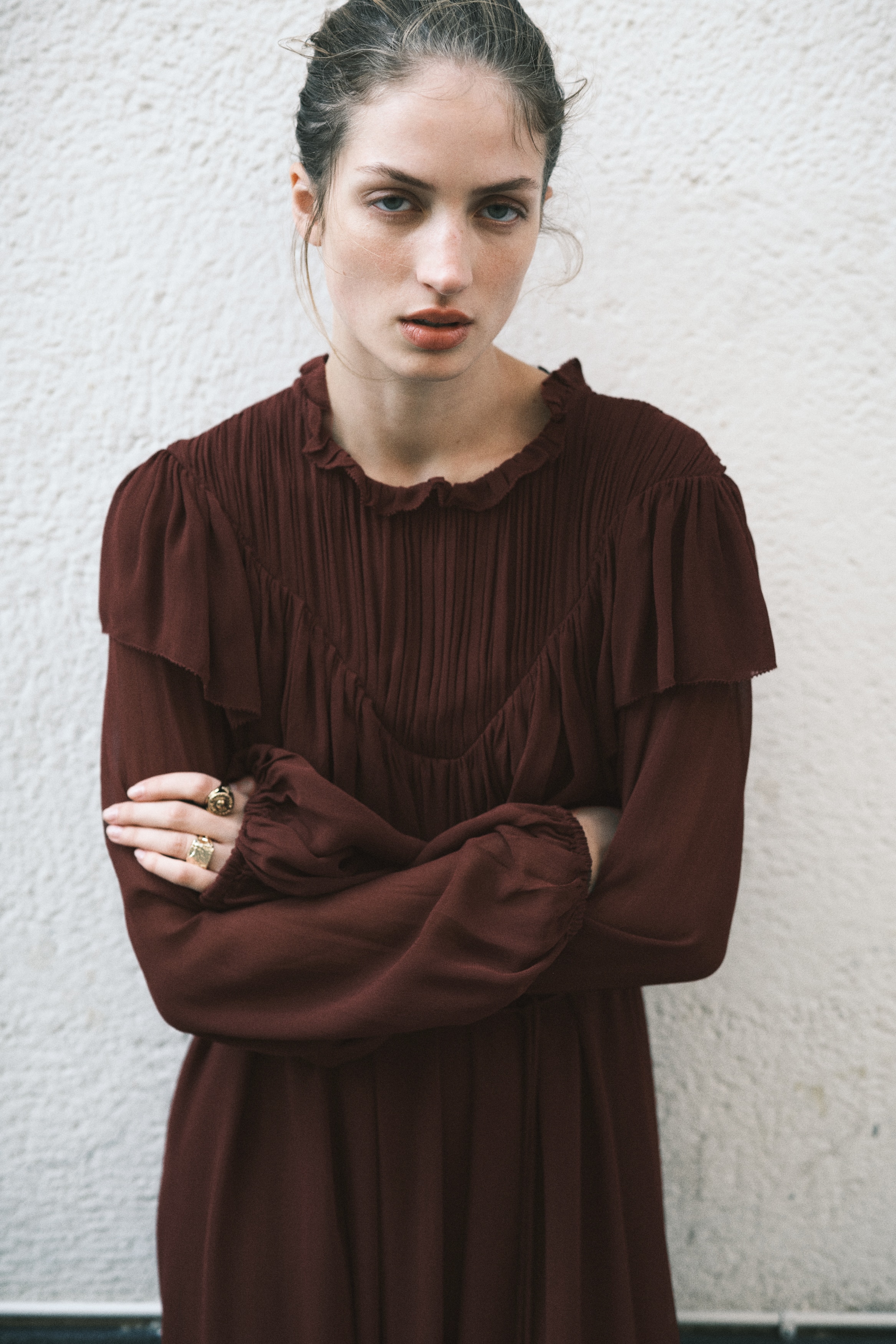 Women's Burgundy Ruffle-Trimmed Chiffon Dress