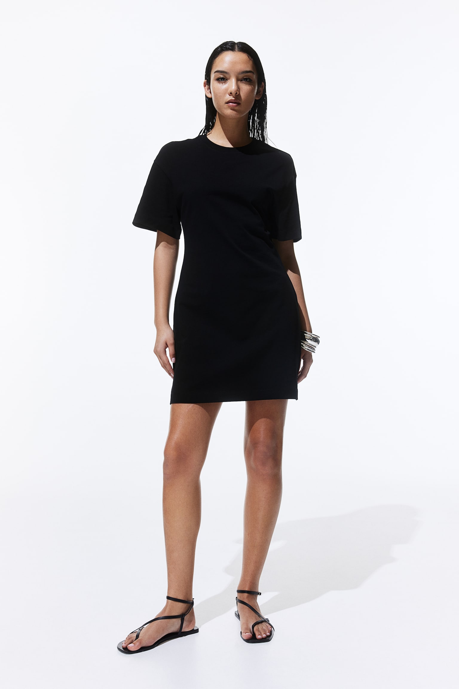 Waisted T-shirt dress - Black/White/Light blue - 1