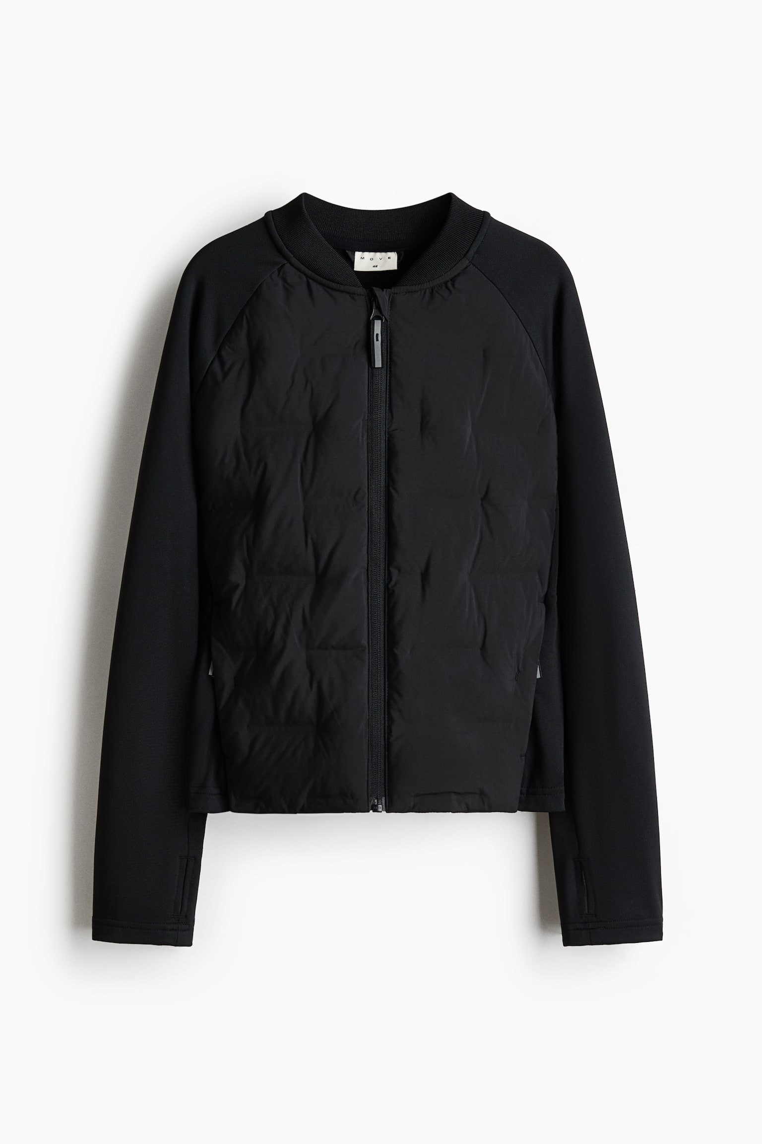 A black bomber jacket featuring a padded front panel and smooth raglan sleeves. A ribbed stand-up collar encircles the neckline, and a full-length zip runs down the centre front. - 1