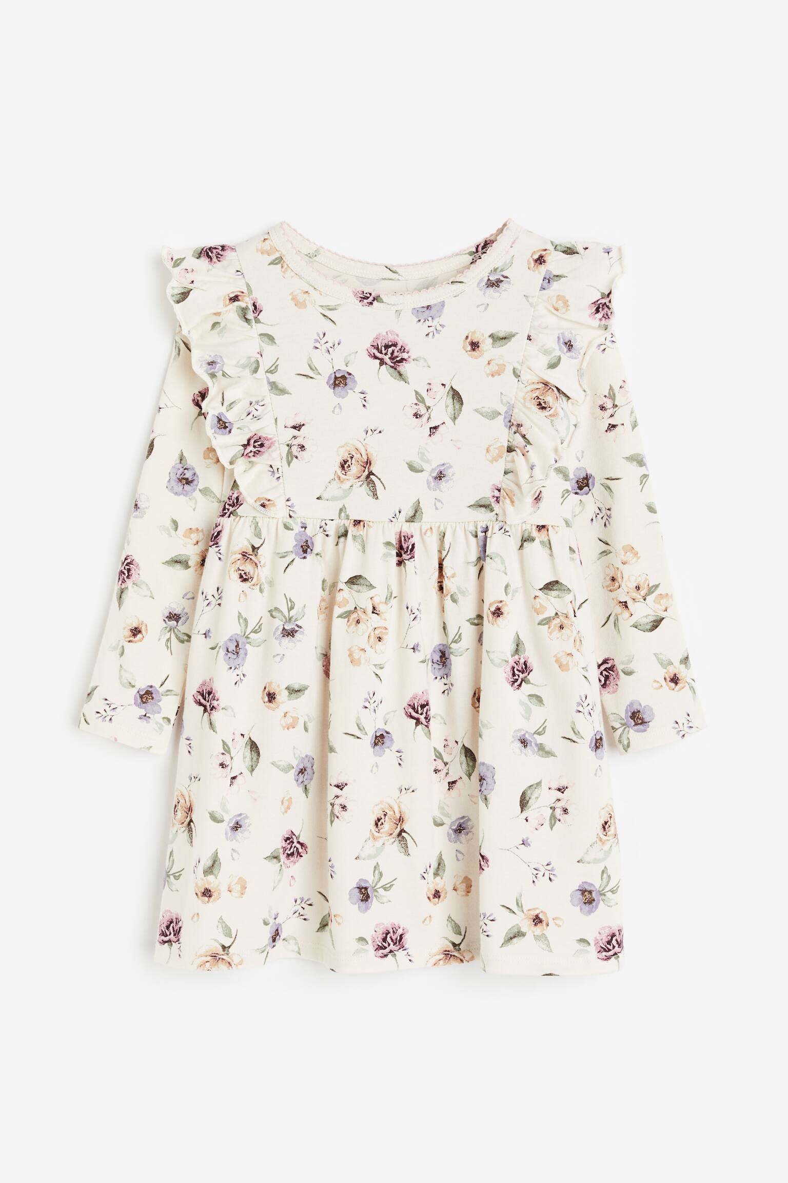 Flounce-trimmed jersey dress - Natural white/Floral - 1