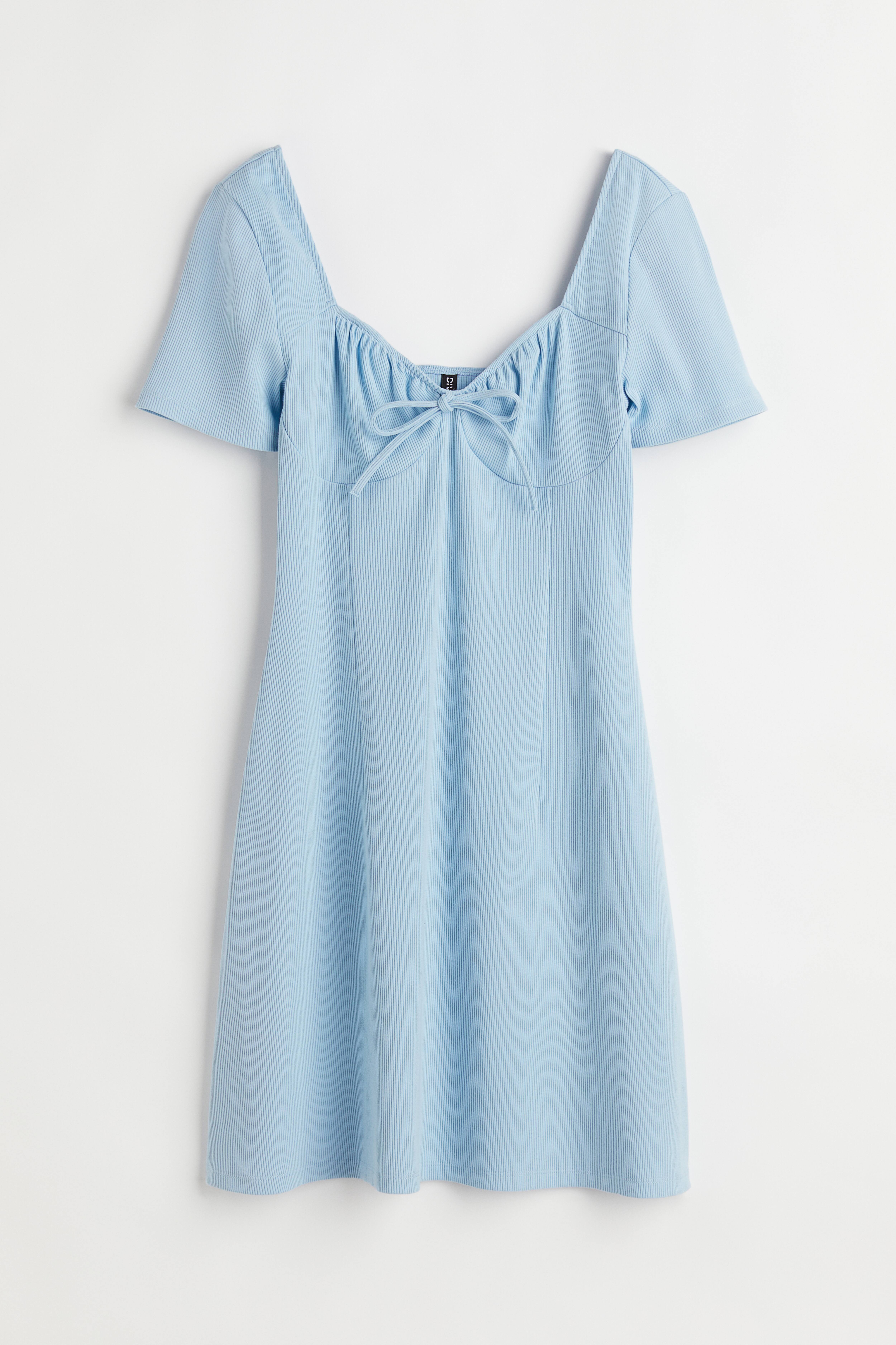 Tie-detail Ribbed Dress - Sweetheart Neckline - Short sleeve - Light blue -  Ladies | H&M US