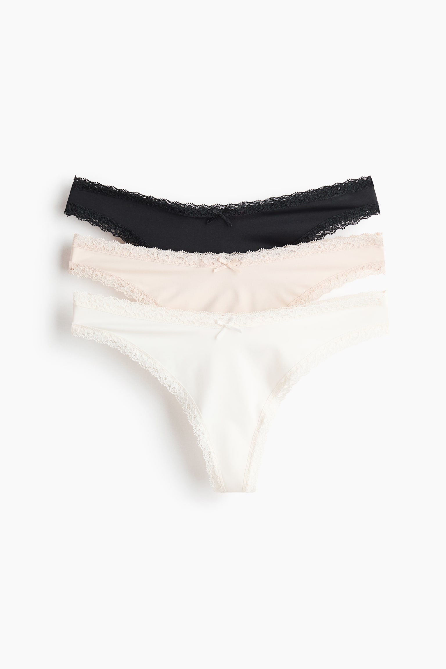Set van 3 slips met kant - Thong - Zwart/poederroze/wit/Donkerbruin/roze/lichtroze