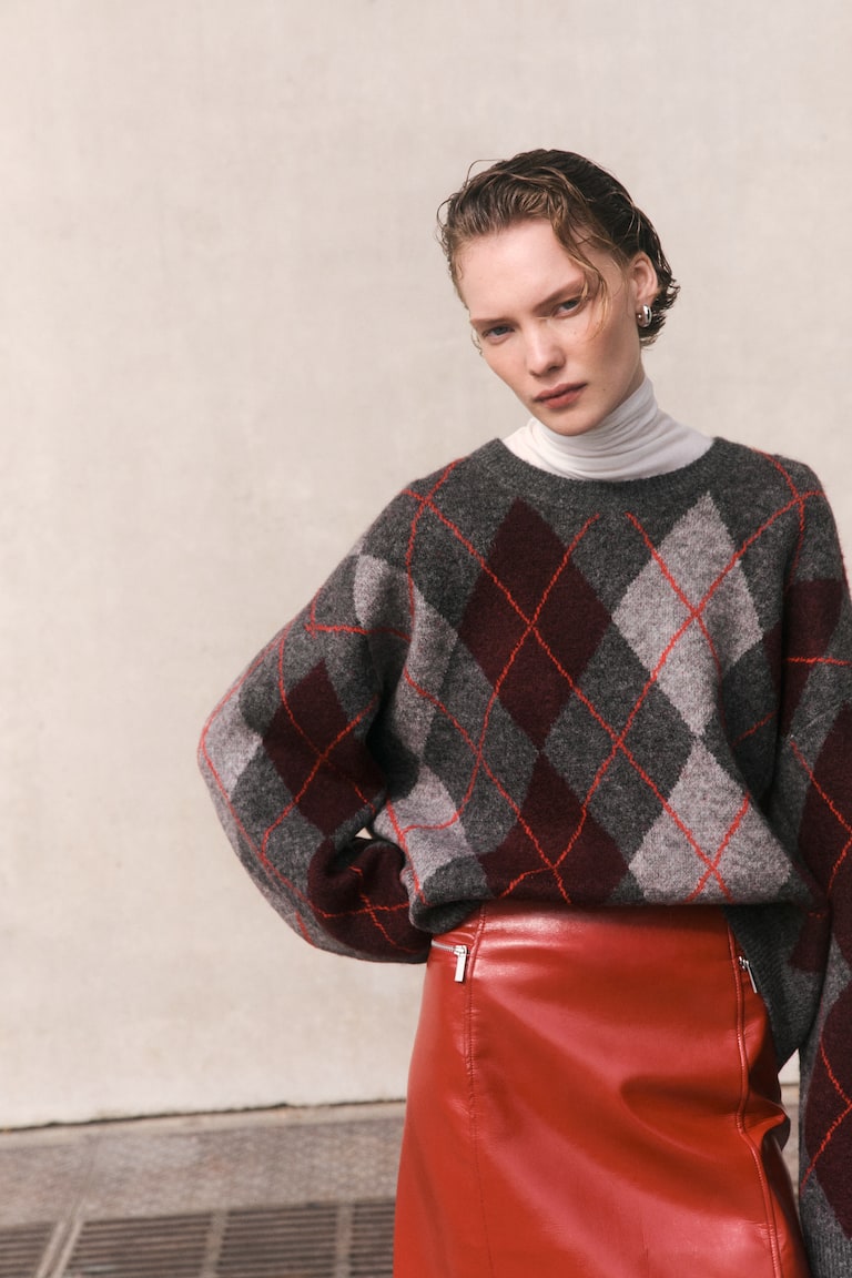 Pullover in maglia jacquard Grigio mélange/motivo losanghe