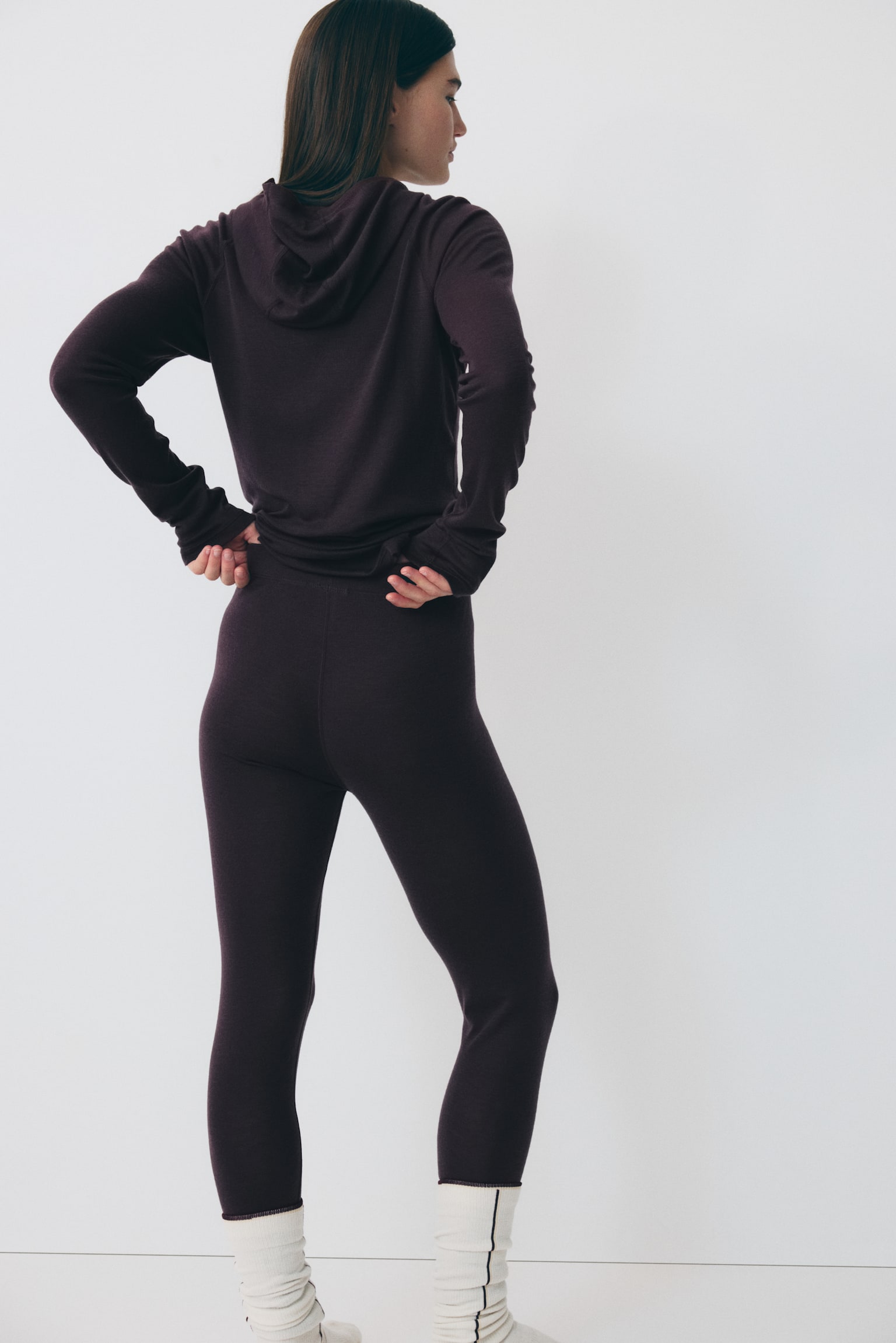 Wool ski base layer leggings - Aubergine purple/Black/Grey marl - 4