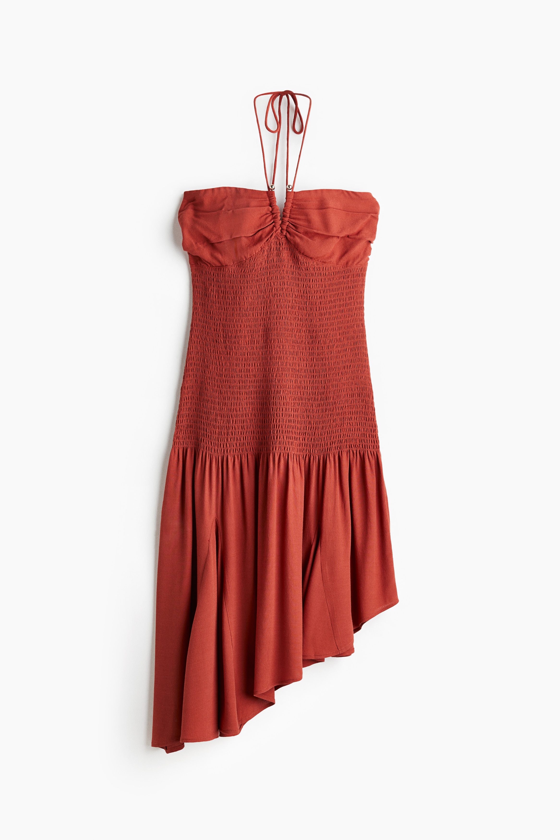 Smocked Halterneck Dress - Rust red