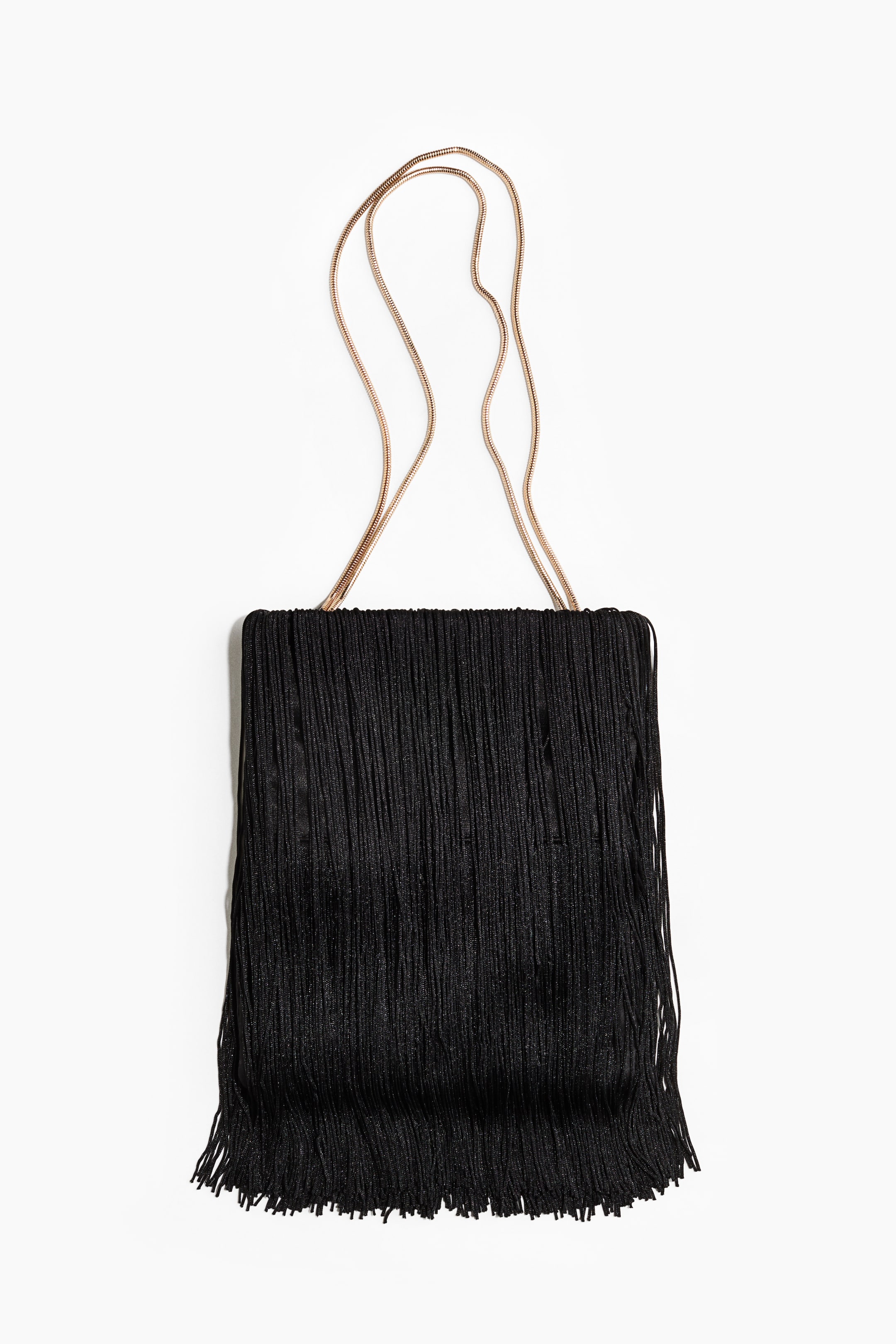 View larger image: A black rectangular shoulder bag is shown facing front, featuring long, delicate vertical fringe covering its entire body. It is suspended by a slim, metallic gold-tone snake chain strap.