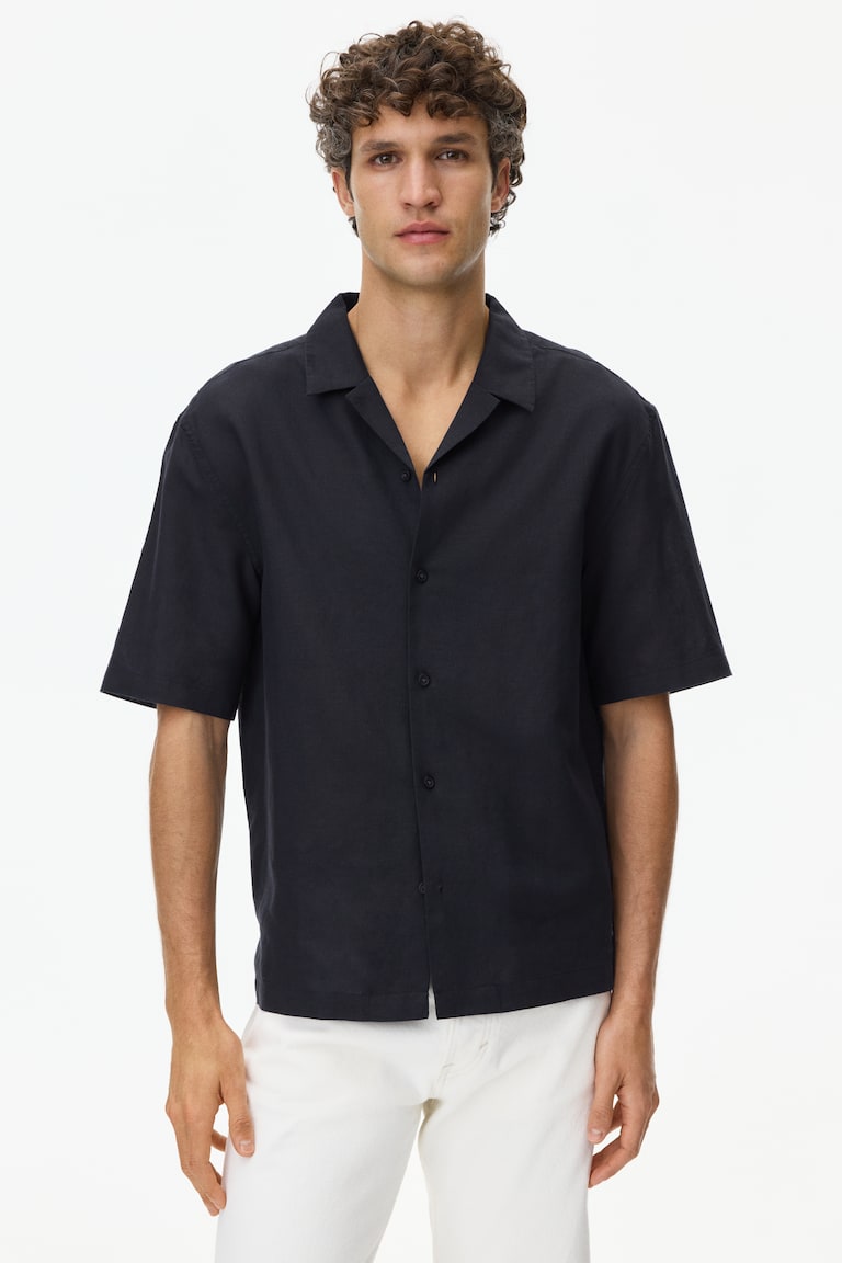 Men - Black Relaxed-Fit Linen-Blend Resort Shirt - Size: L - H&M Men - Black Relaxed-Fit Linen-Blend Resort Shirt - Size: L - H&M