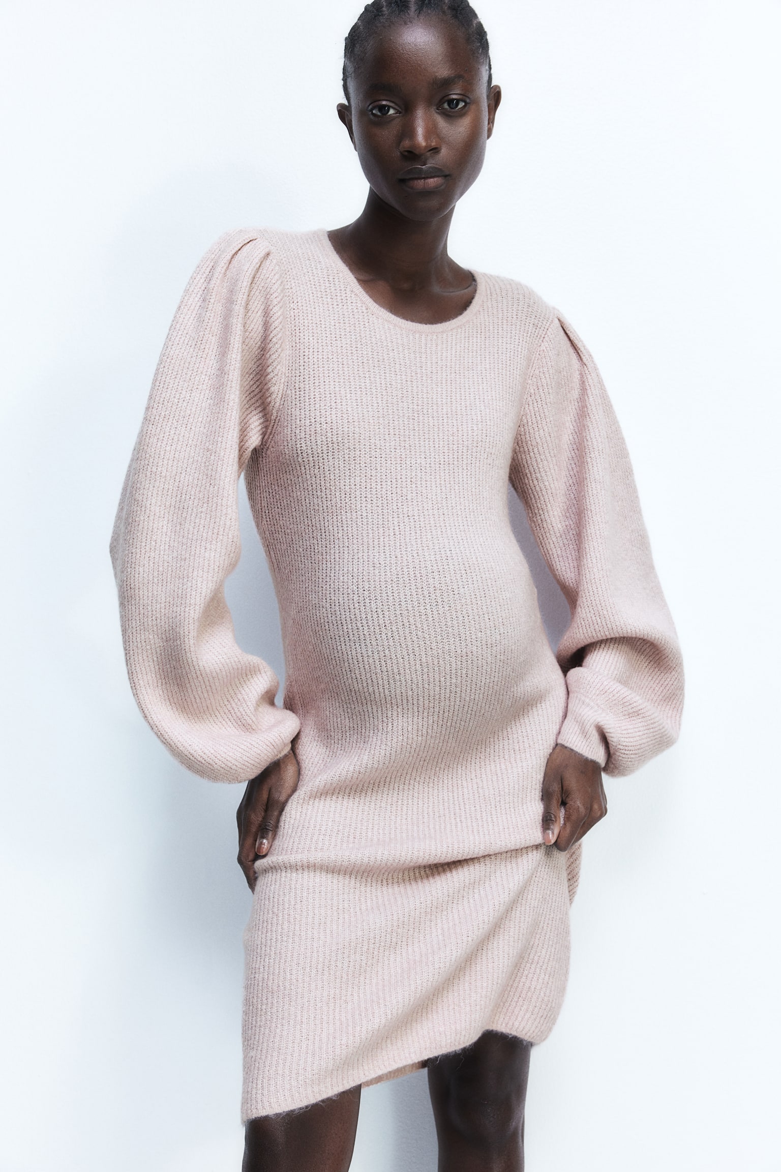 MAMA Balloon-sleeved rib-knit dress - Light pink/Light beige marl - 1