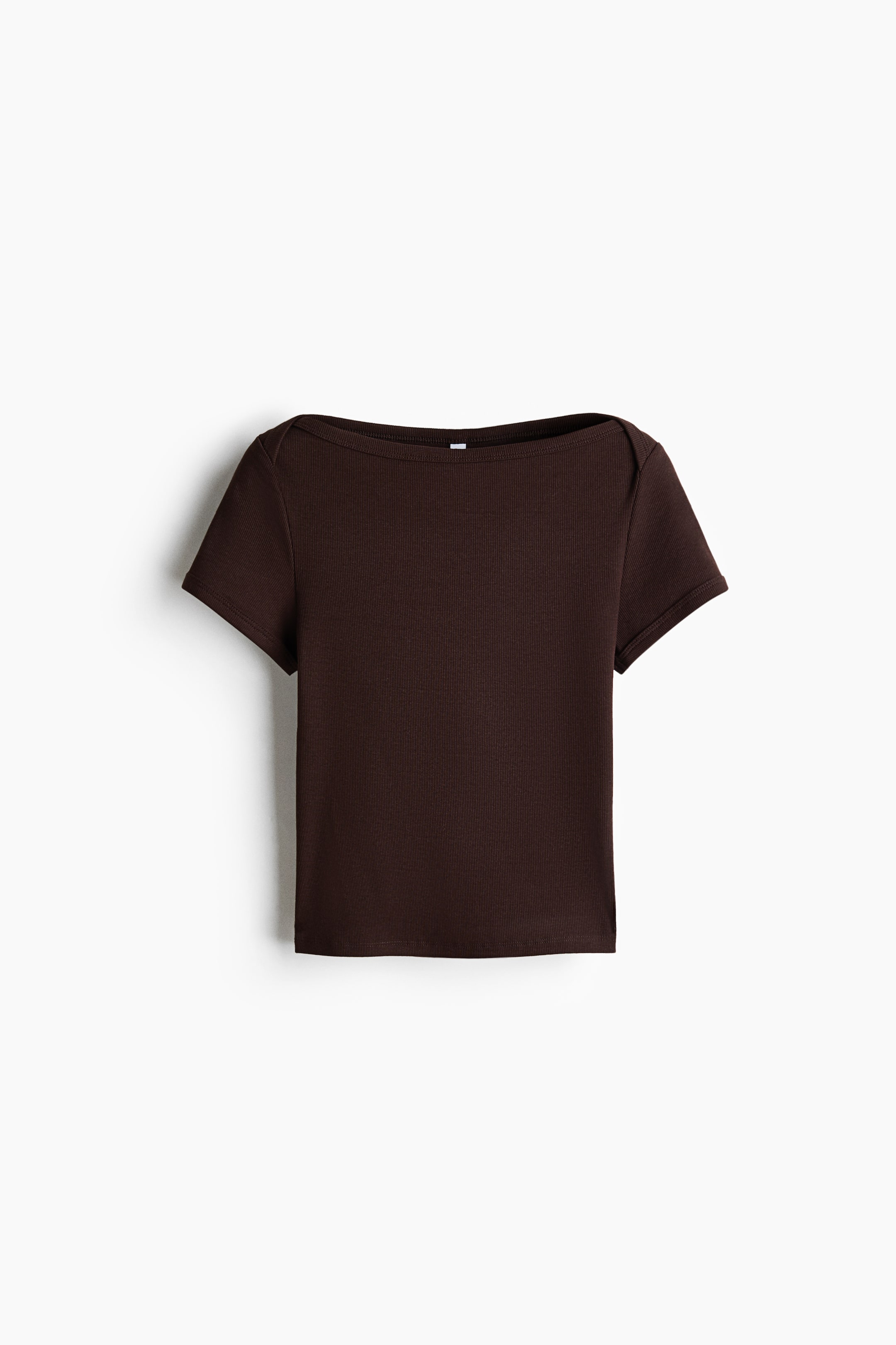 View larger image: The front of a dark brown short-sleeved top features a boat neckline and a ribbed texture.