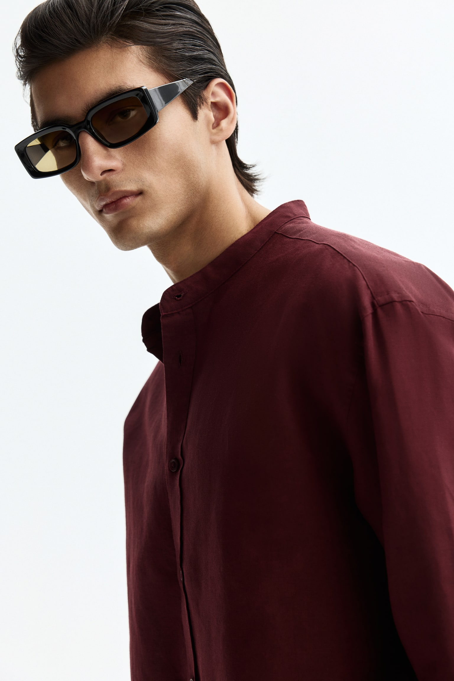 Relaxed Fit Linen-blend shirt - Burgundy/Khaki green/White - 4