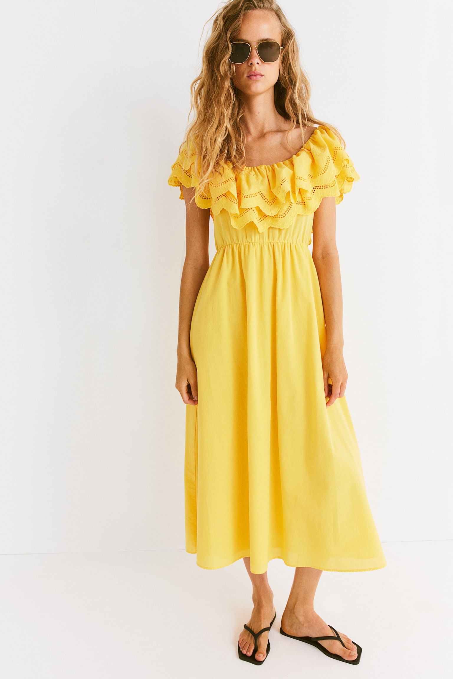 Off The Shoulder Cotton Dress - Yellow/White - 3