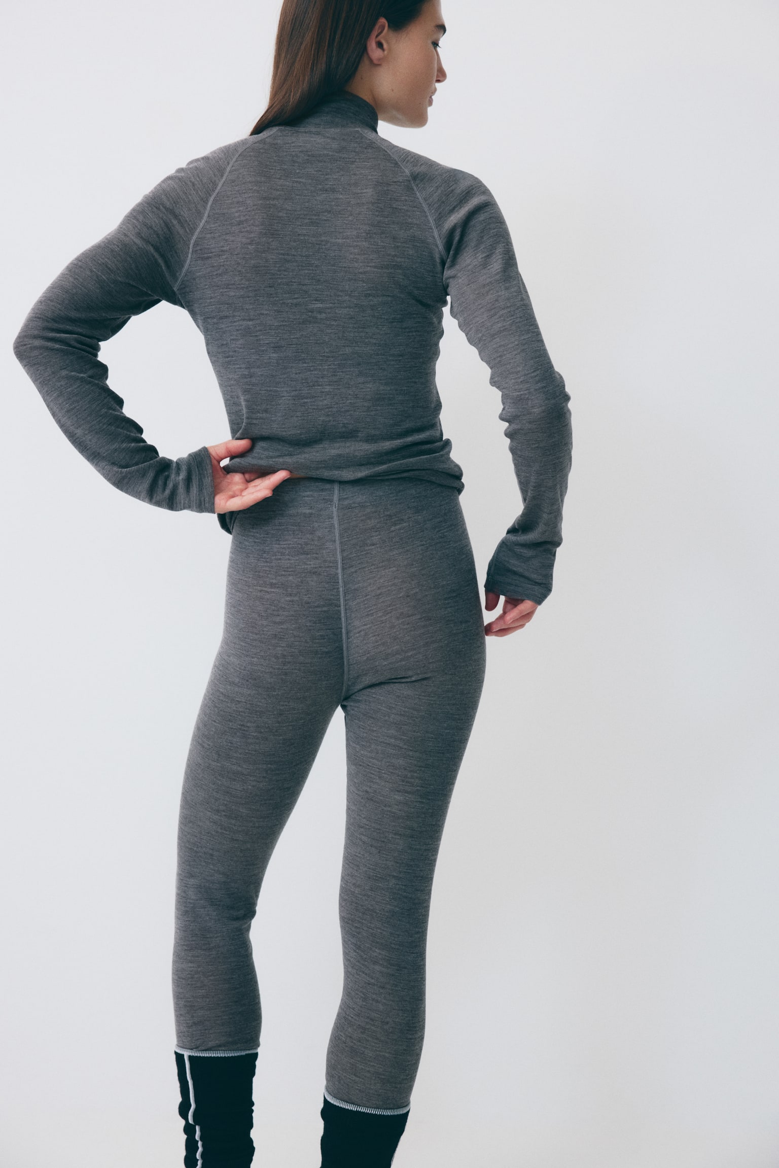 Wool ski base layer leggings - Grey marl/Black/Aubergine purple - 5