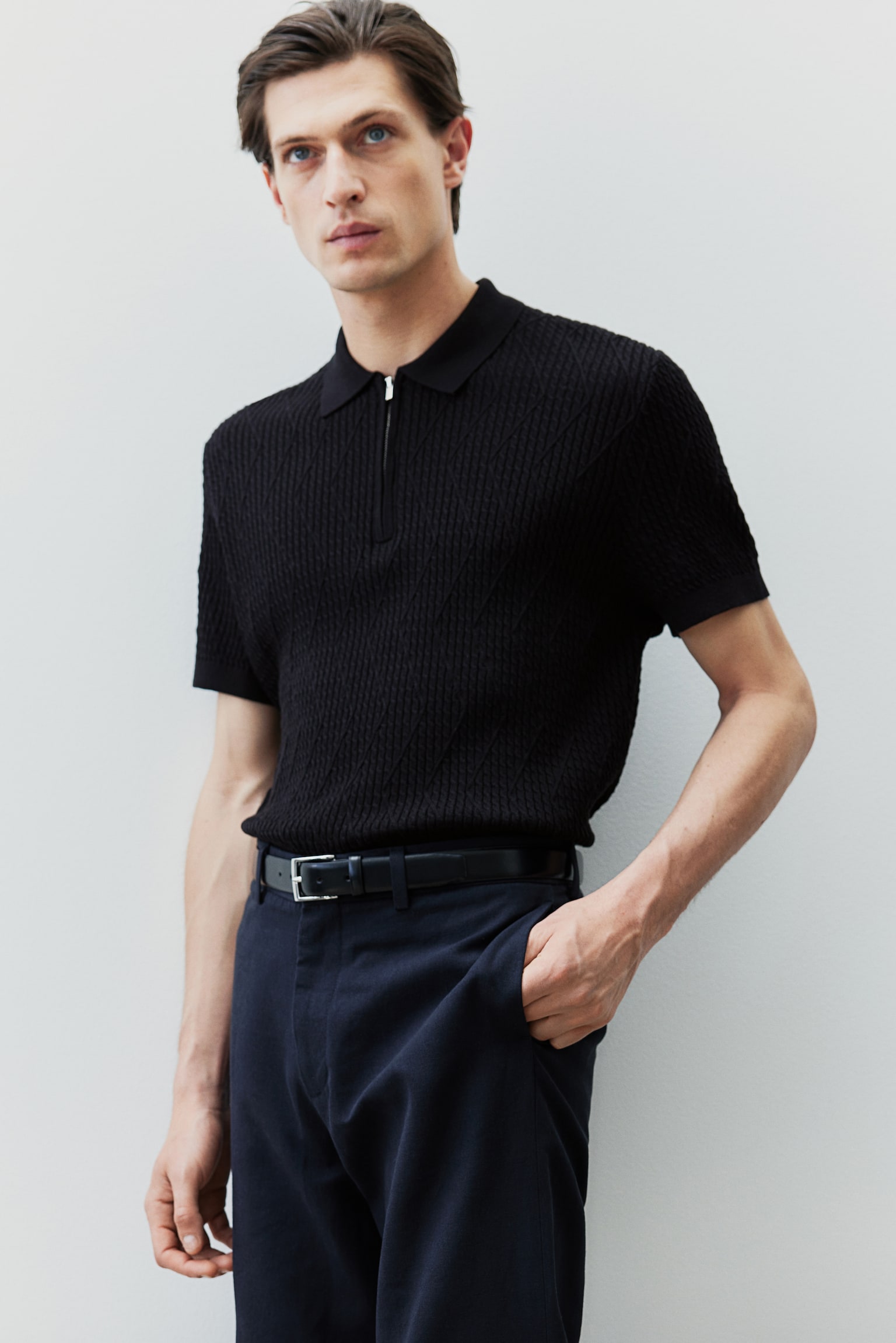 Slim Fit Cable-knit polo shirt - Black - 2