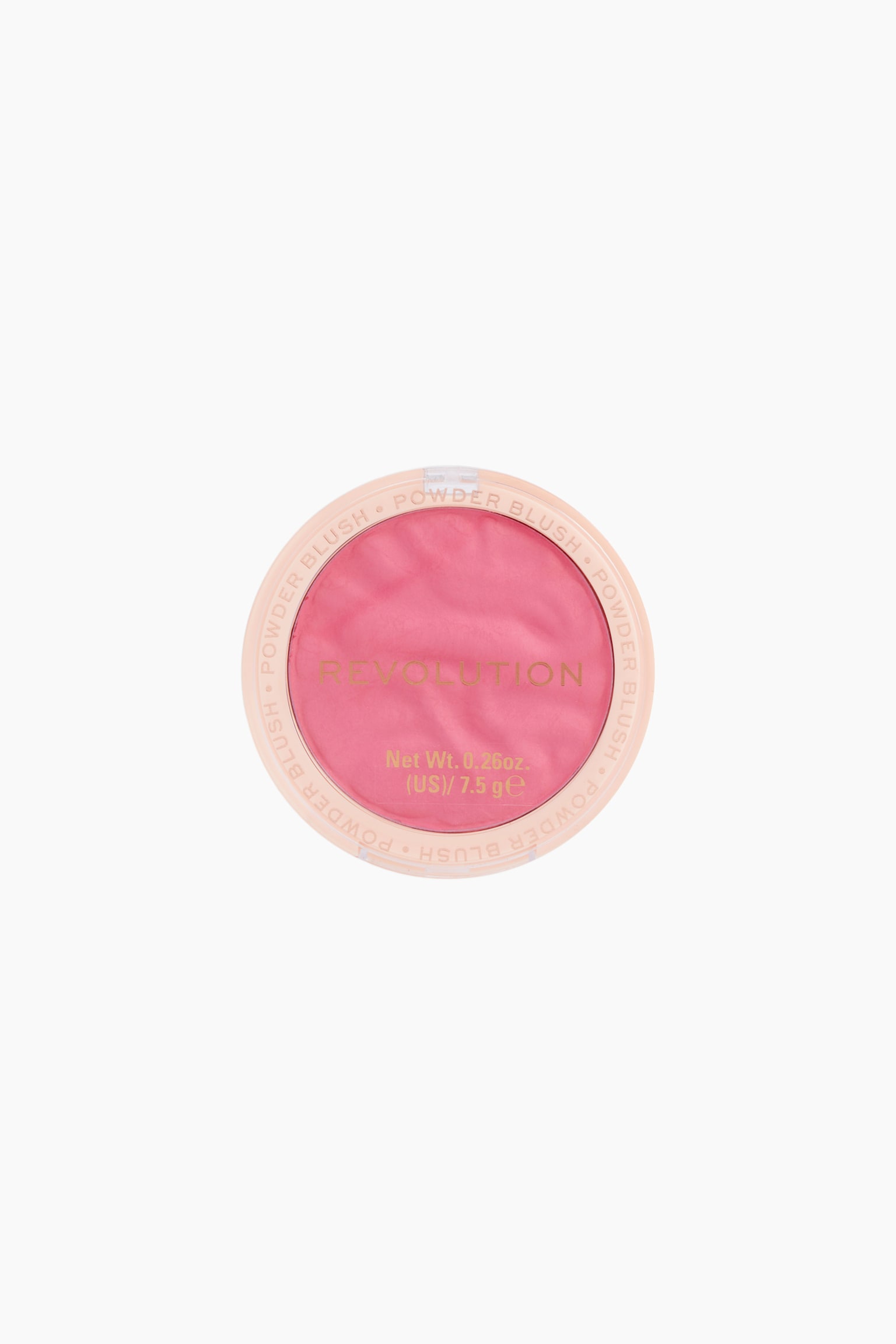 Ein runder Revolution-Puderrouge-Komakt liegt flach und zeigt ein leuchtend pinkes gepresstes Puder mit einer welligen, strukturierten Oberfläche. Der transparente Deckel ist mit goldener Schrift für den Markennamen âREVOLUTIONâ versehen und von einem hellrosa Rand eingefasst, auf dem âPOWDER BLUSHâ aufgedruckt ist. - 1