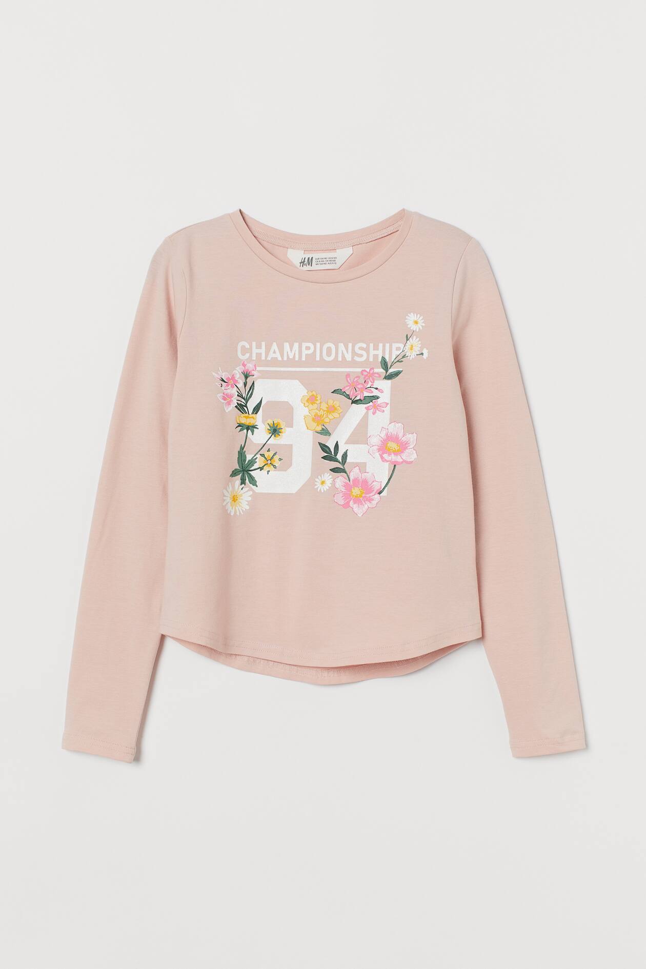 Printed jersey top - Round neck - Long sleeve - Powder pink/Flowers ...